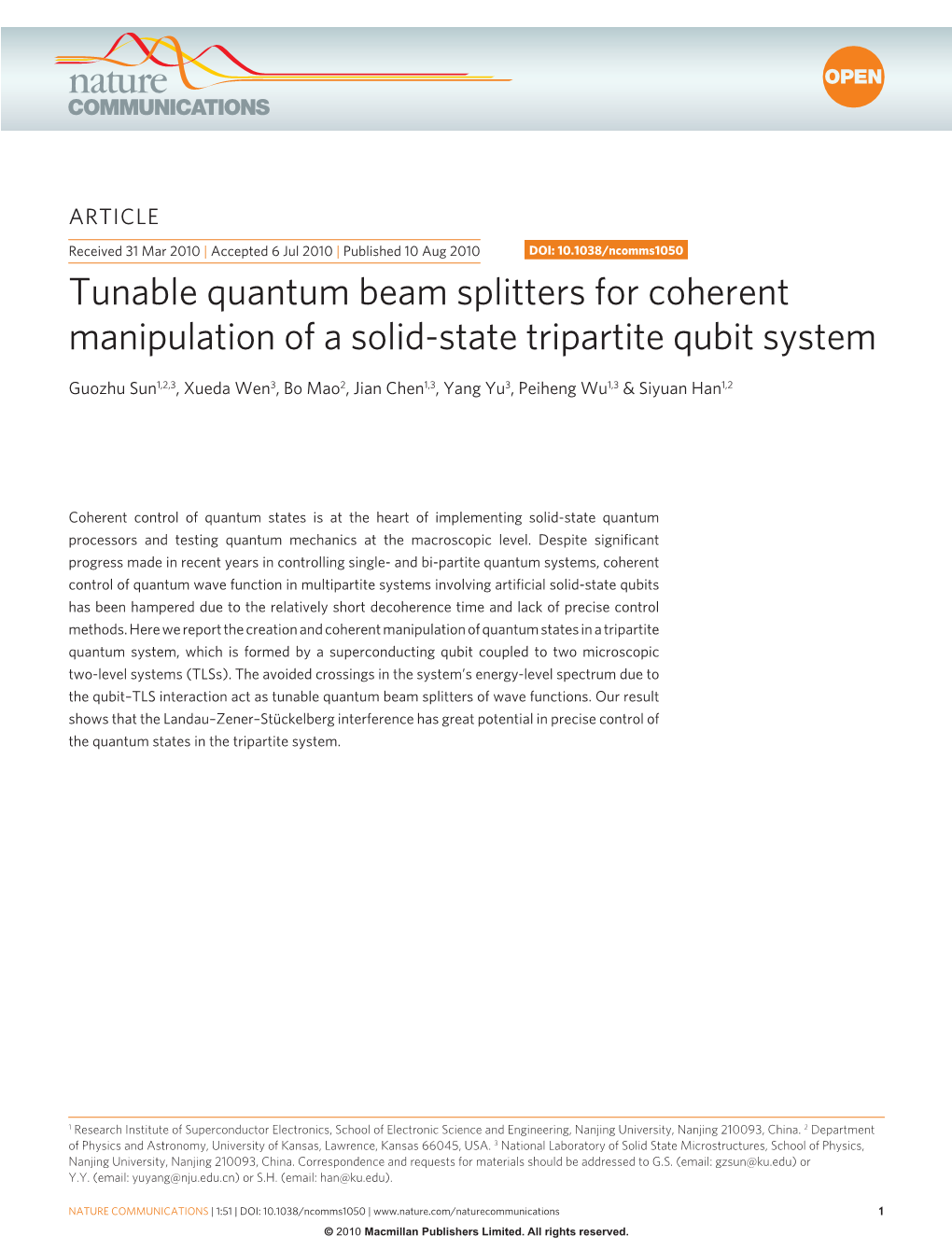 Tunable Quantum Beam Splitters for Coherent Manipulation of a Solid-State Tripartite Qubit System