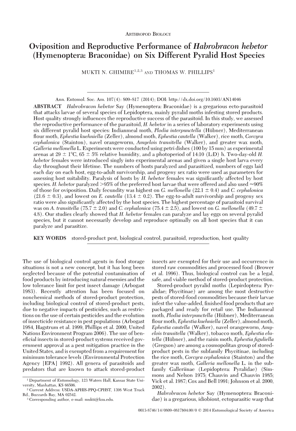 Hymenoptera: Braconidae) on Six Different Pyralid Host Species