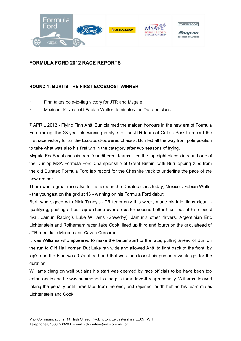 Formula Ford 2012 Race Reports