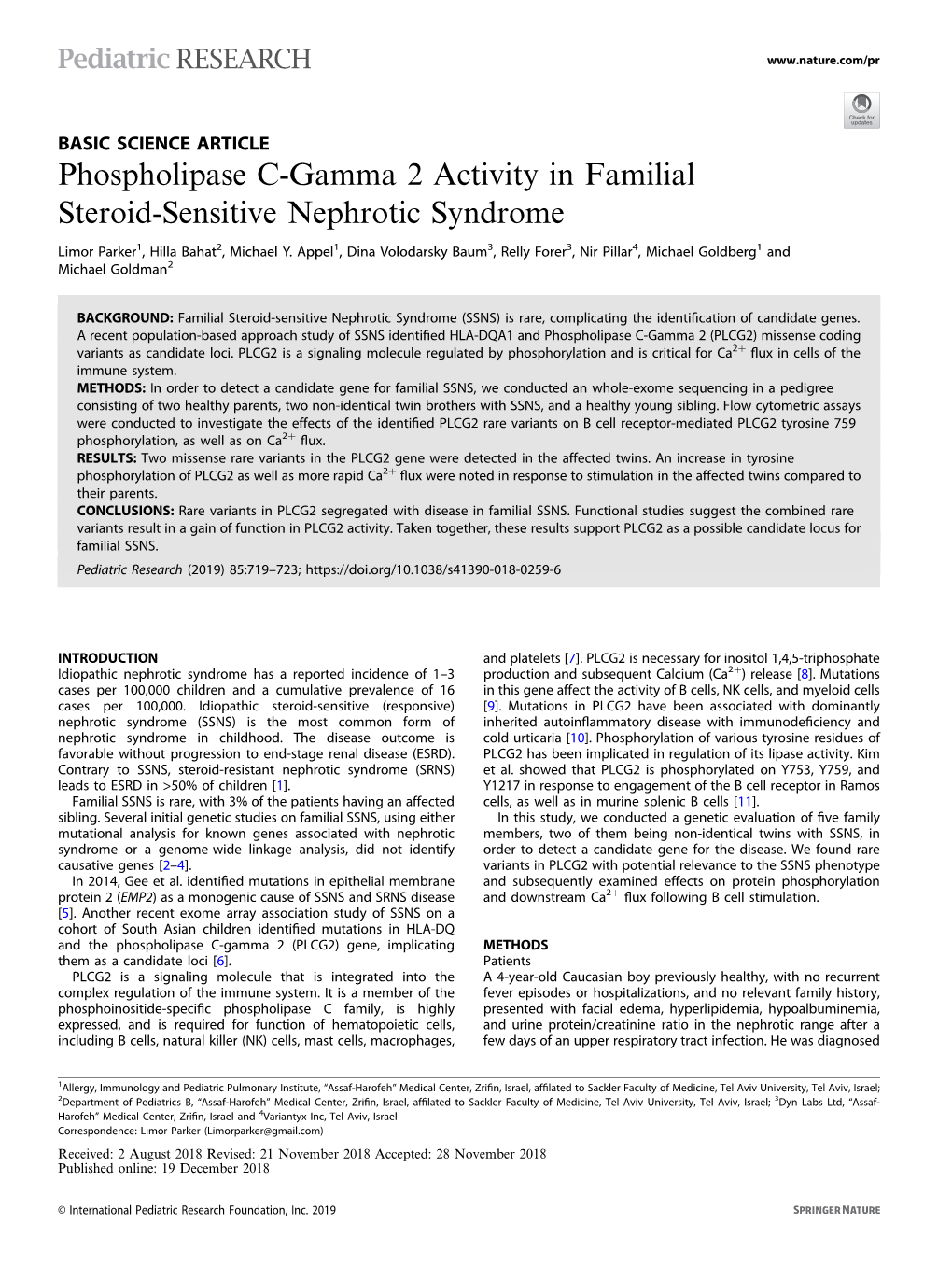 Phospholipase C-Gamma 2 Activity in Familial Steroid-Sensitive Nephrotic Syndrome
