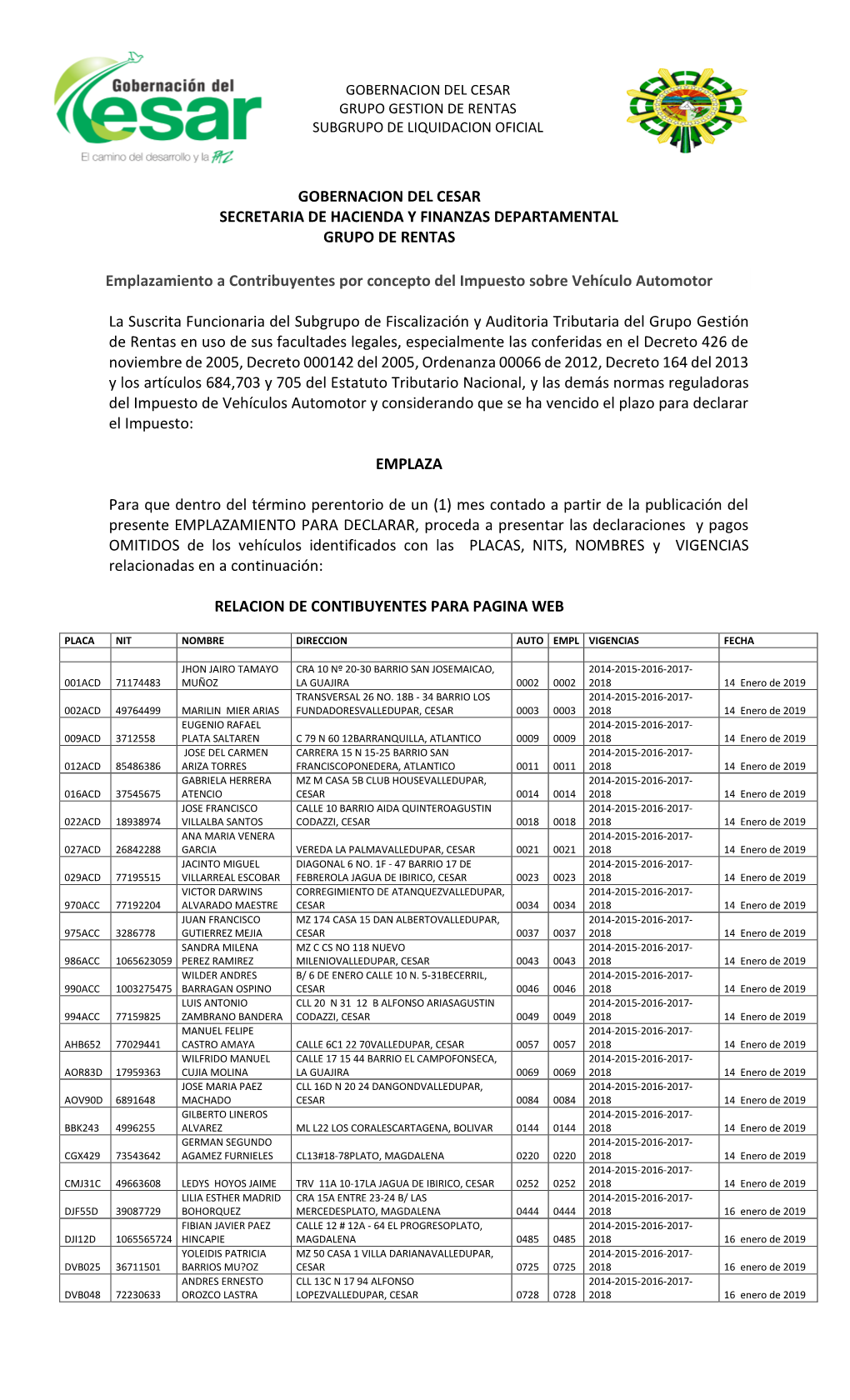 Emplazamiento a Contribuyentes Por Concepto Del Impuesto Sobre Vehículo Automotor