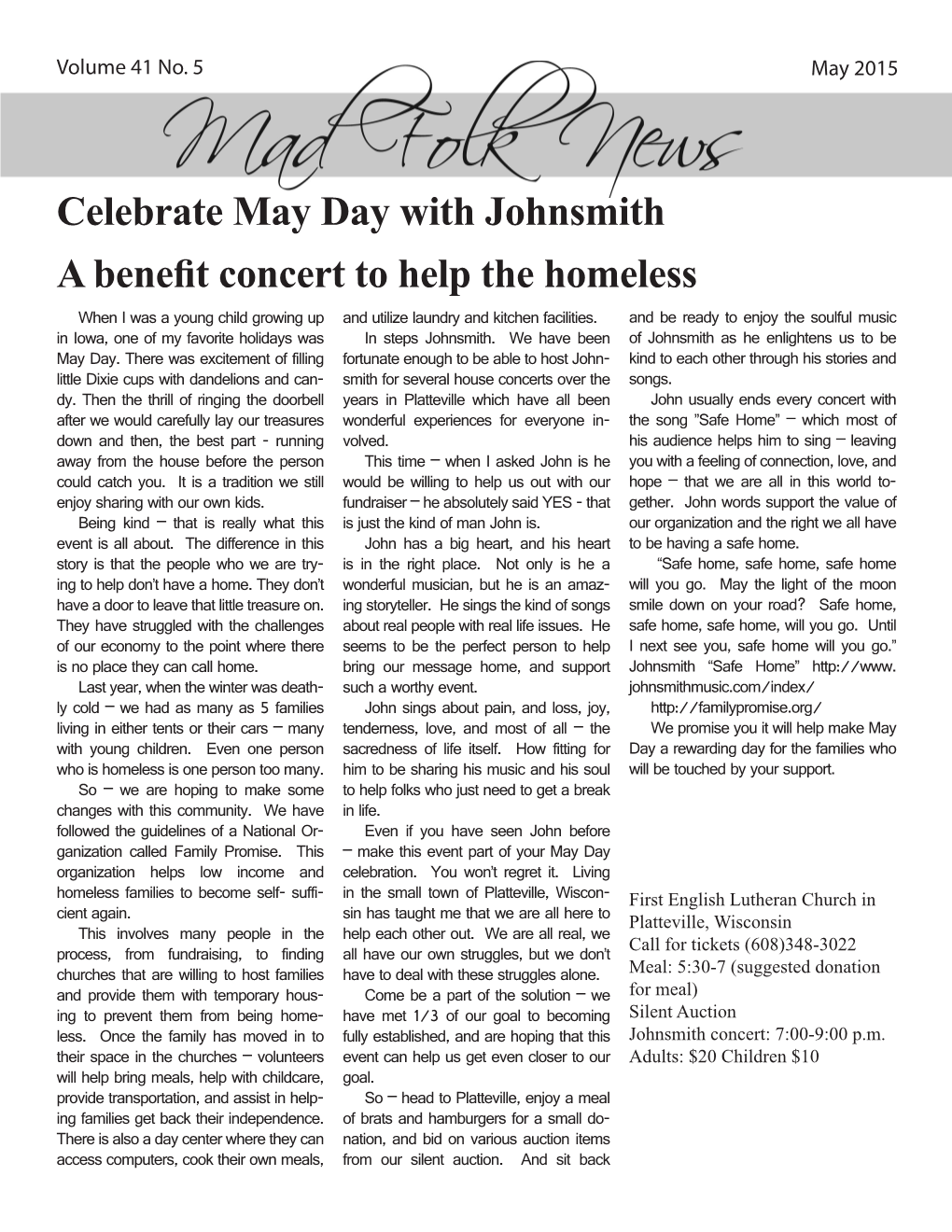 Celebrate May Day with Johnsmith a Benefit Concert to Help the Homeless