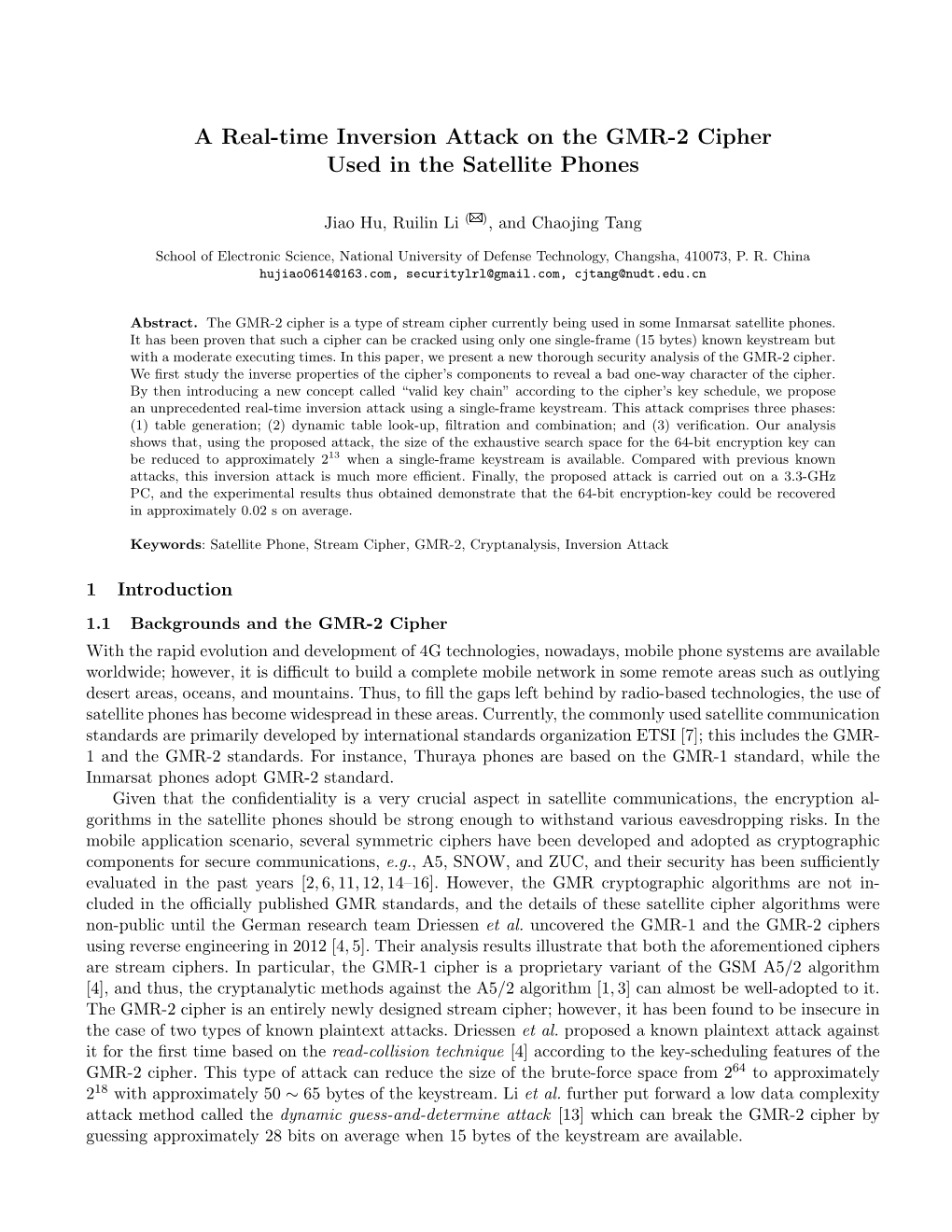 A Real-Time Inversion Attack on the GMR-2 Cipher Used in the Satellite Phones