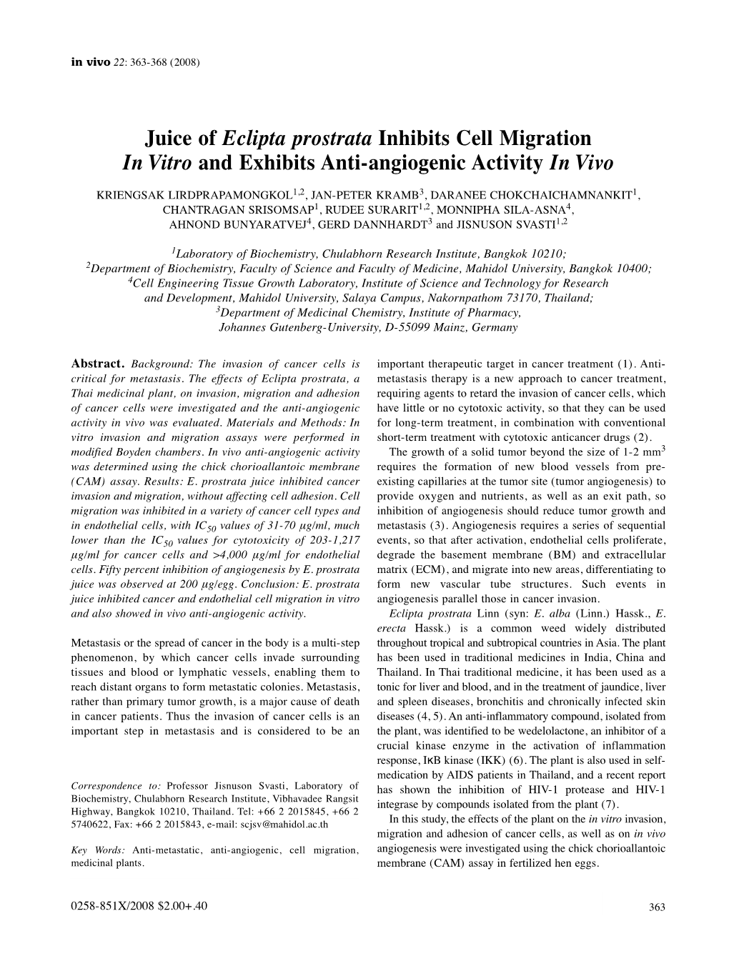 Juice of Eclipta Prostrata Inhibits Cell Migration in Vitro and Exhibits Anti