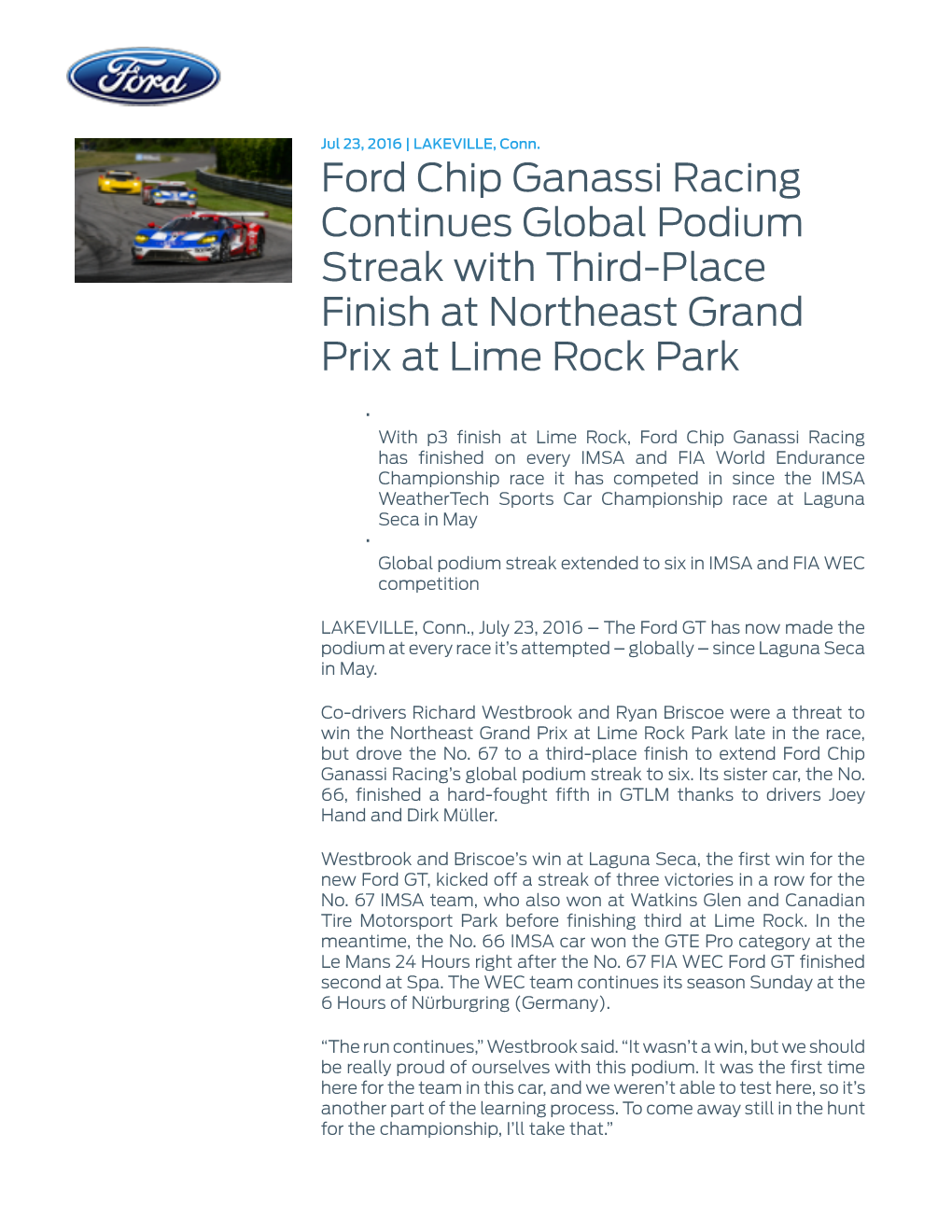 Ford Chip Ganassi Racing Continues Global Podium Streak with Third-Place Finish at Northeast Grand Prix at Lime Rock Park