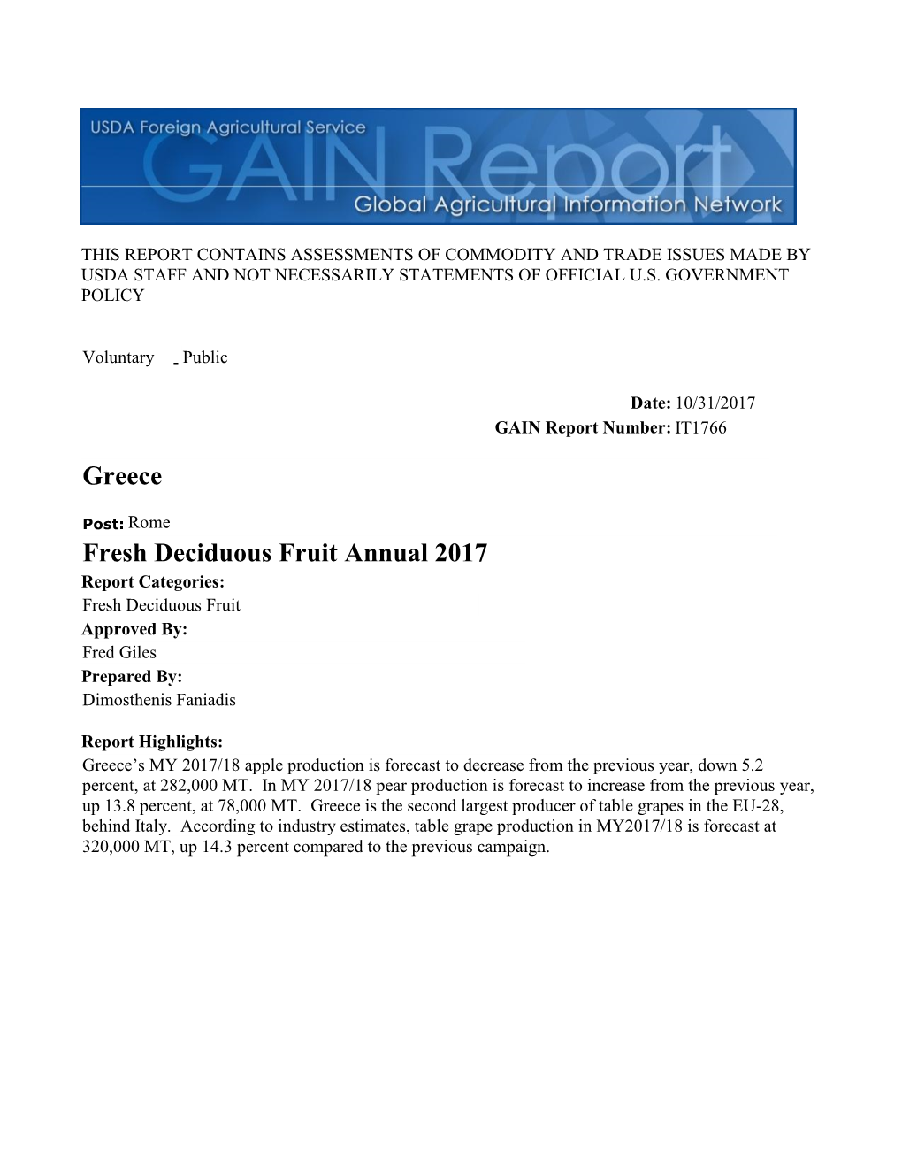 Greece: Fresh Deciduous Fruit Annual 2017