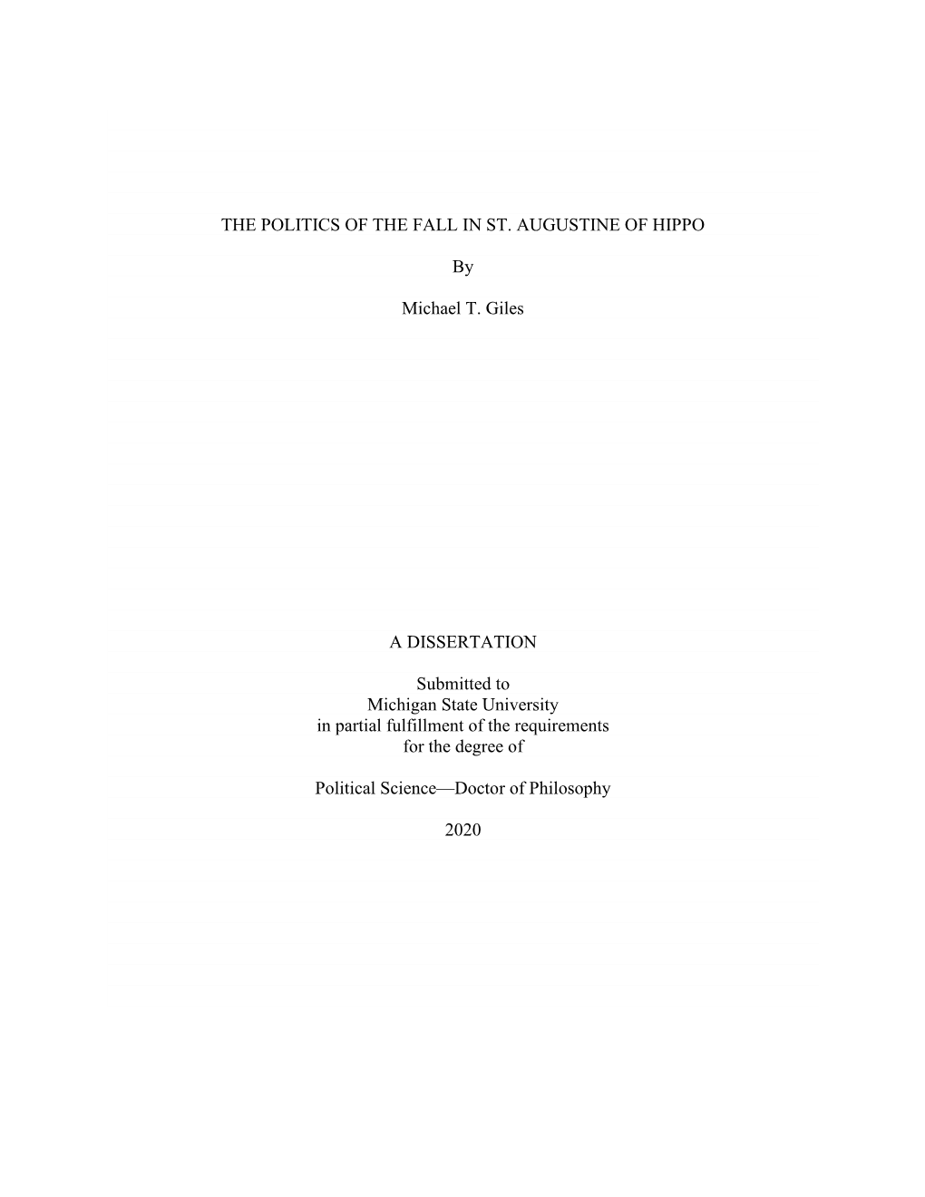 THE POLITICS of the FALL in ST. AUGUSTINE of HIPPO by Michael