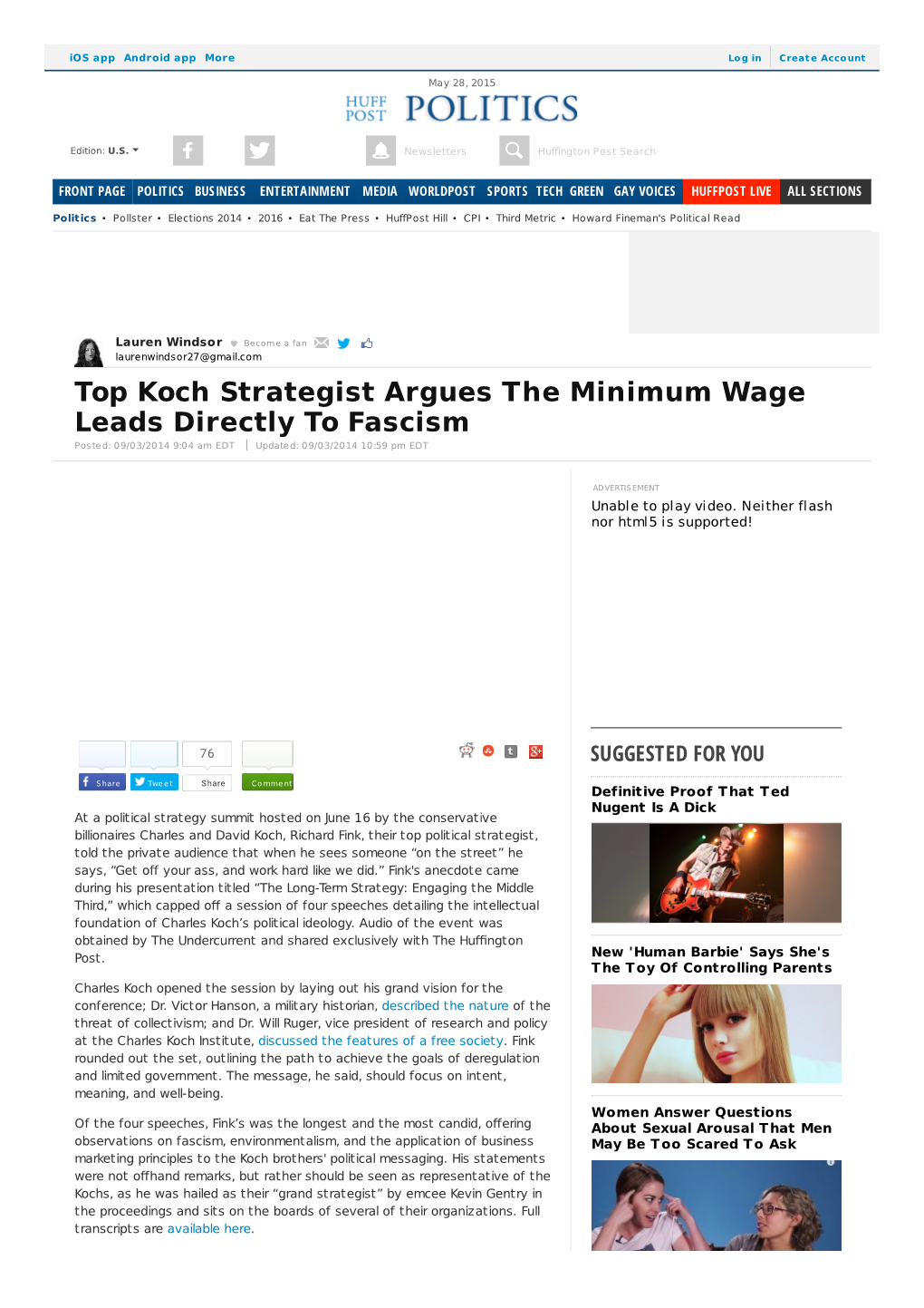 Top Koch Strategist Argues the Minimum Wage Leads Directly to Fascism Posted: 09/03/2014 9:04 Am EDT Updated: 09/03/2014 10:59 Pm EDT