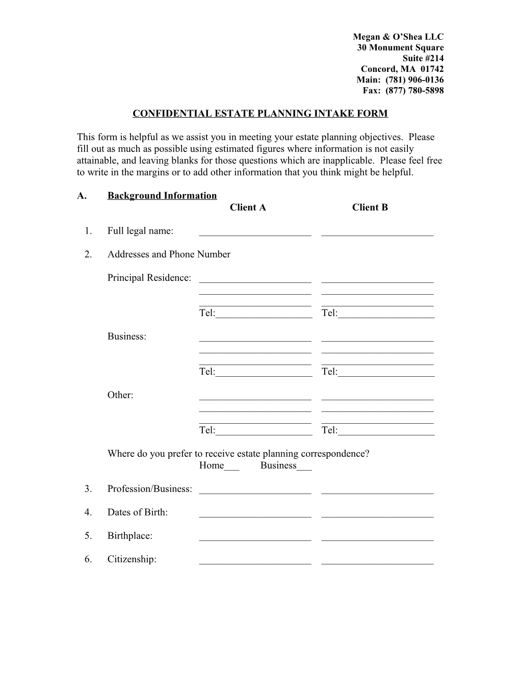 Confidential Estate Planning Intake Form