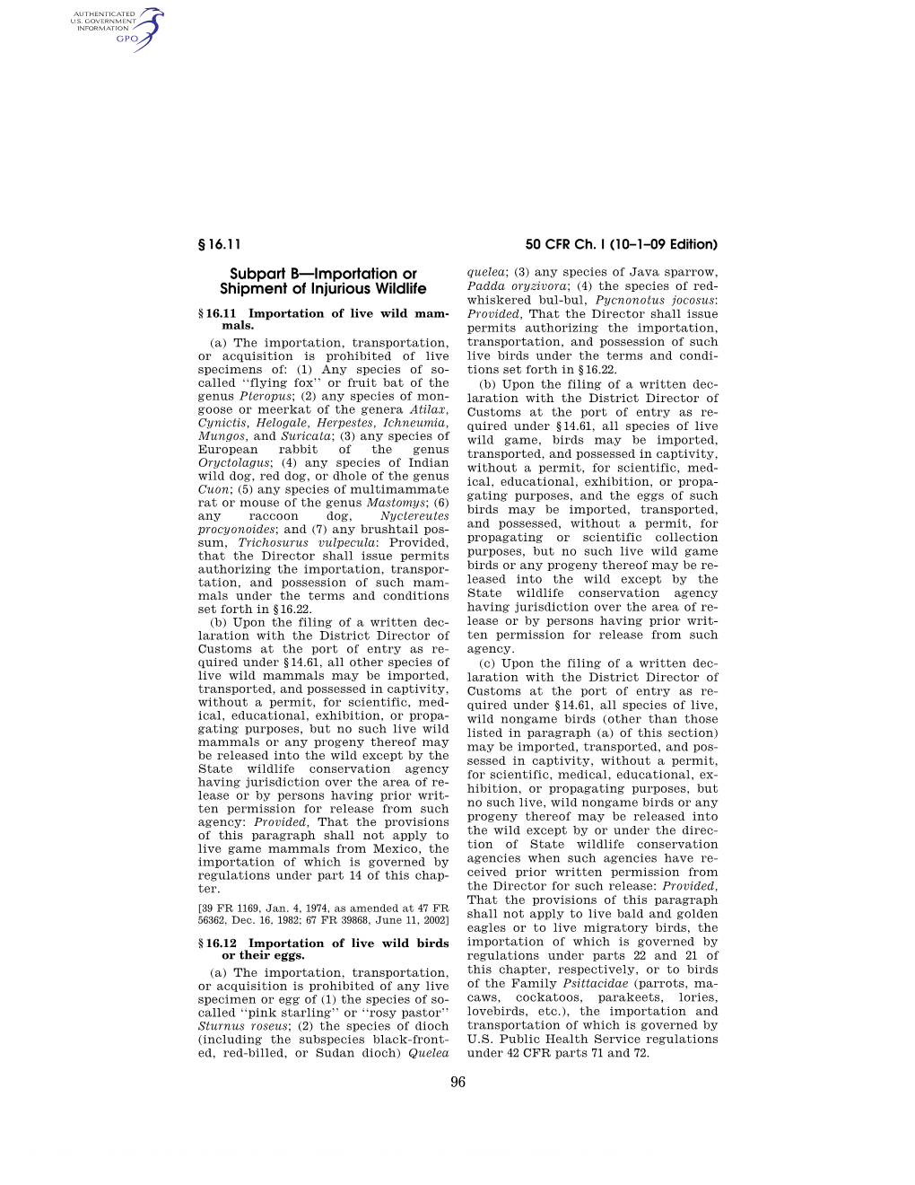 96 Subpart B—Importation Or Shipment of Injurious Wildlife