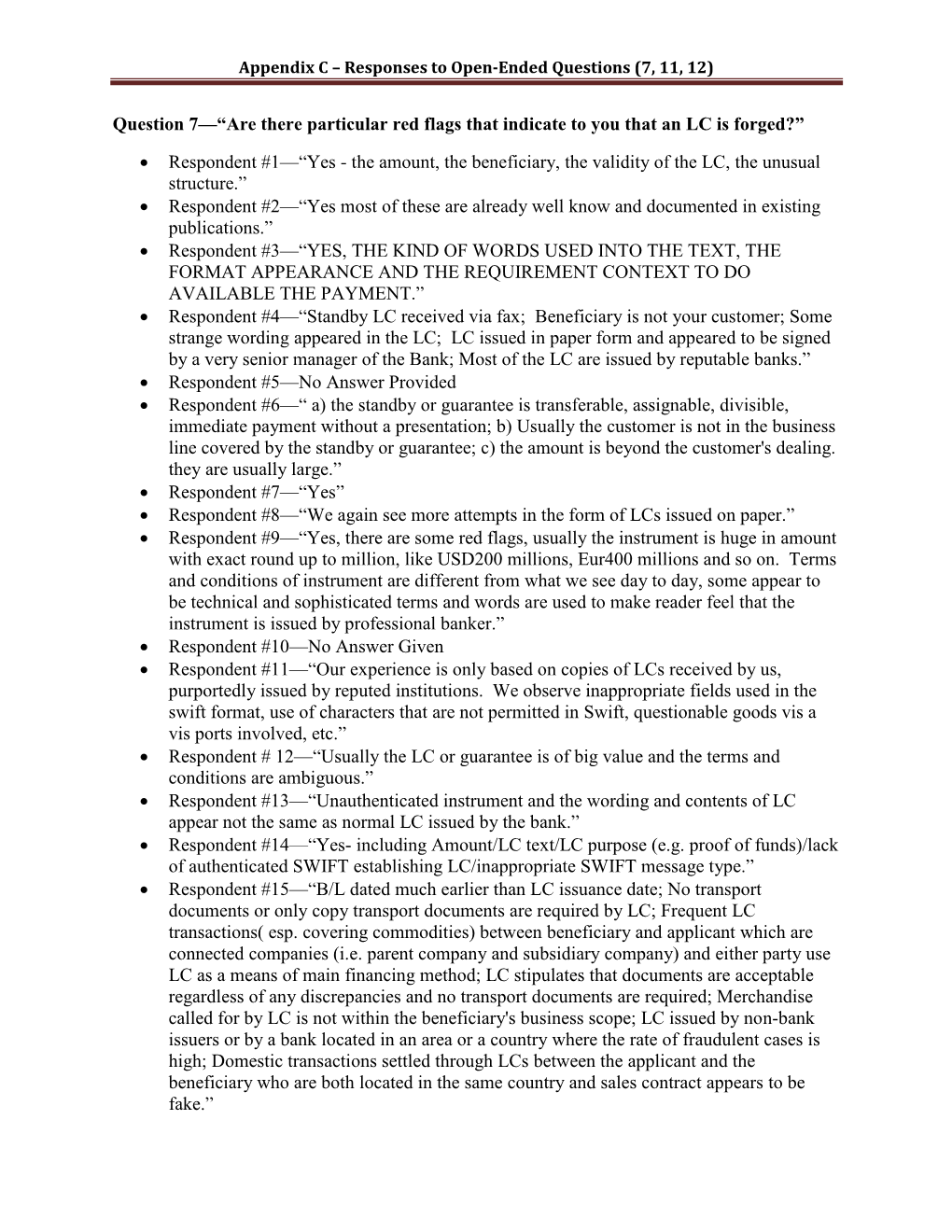 Appendix C – Responses to Open-Ended Questions (7, 11, 12)