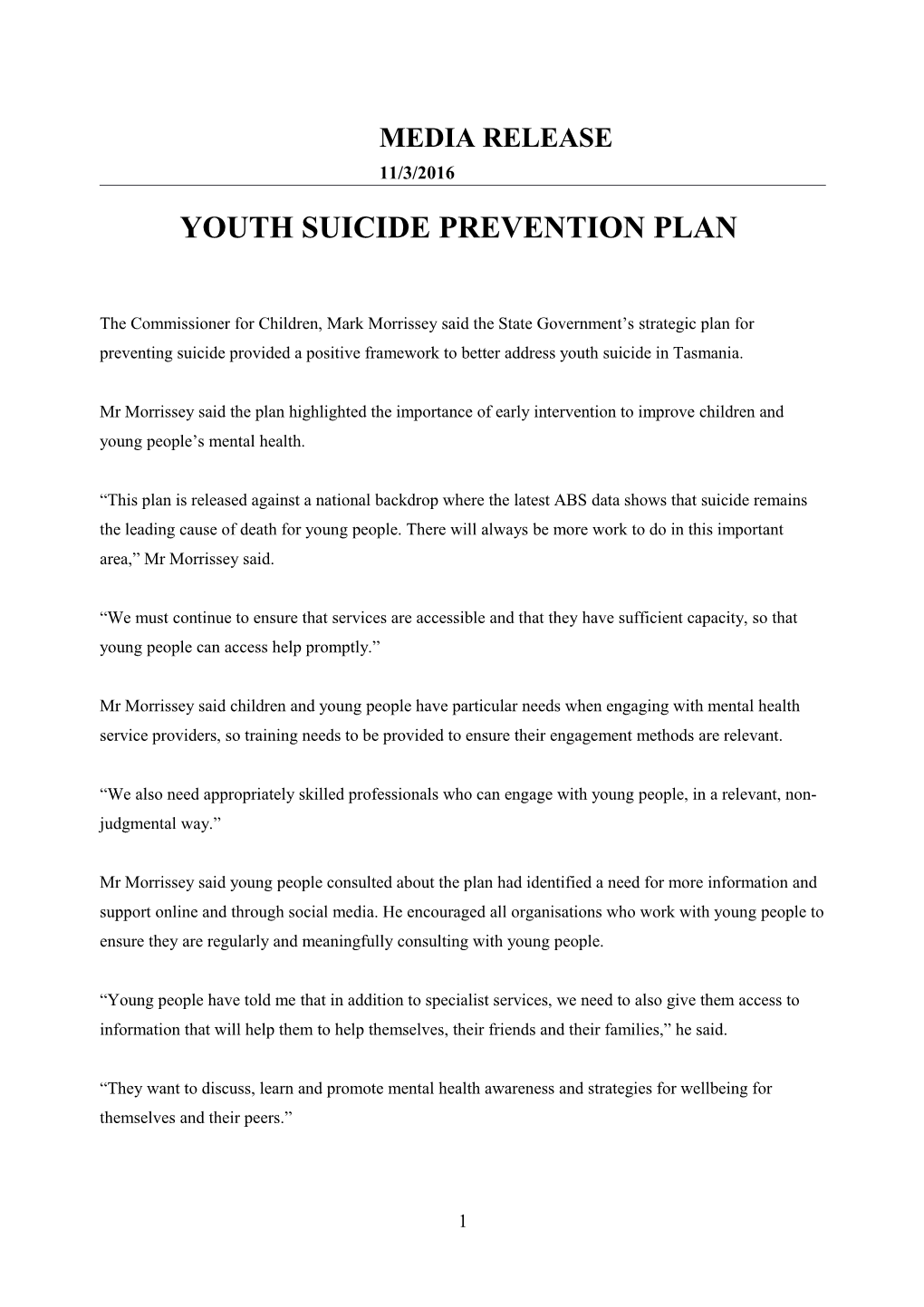 YOUTH Suicide Prevention Plan