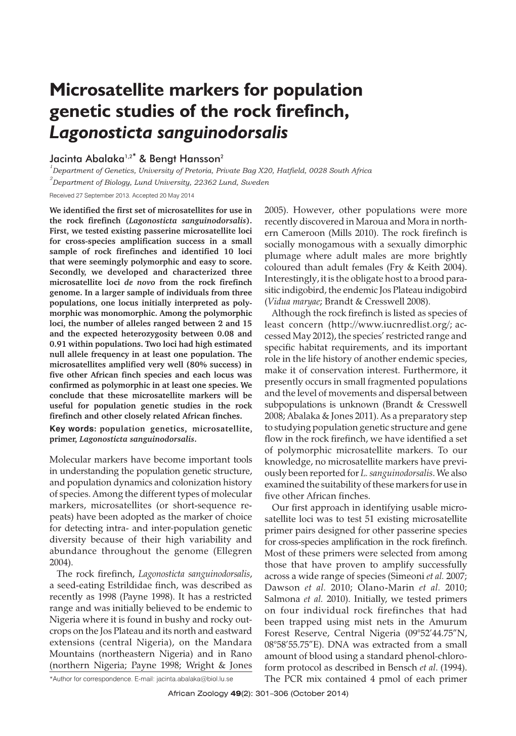 Microsatellite Markers for Population Genetic Studies of the Rock Firefinch, Lagonosticta Sanguinodorsalis