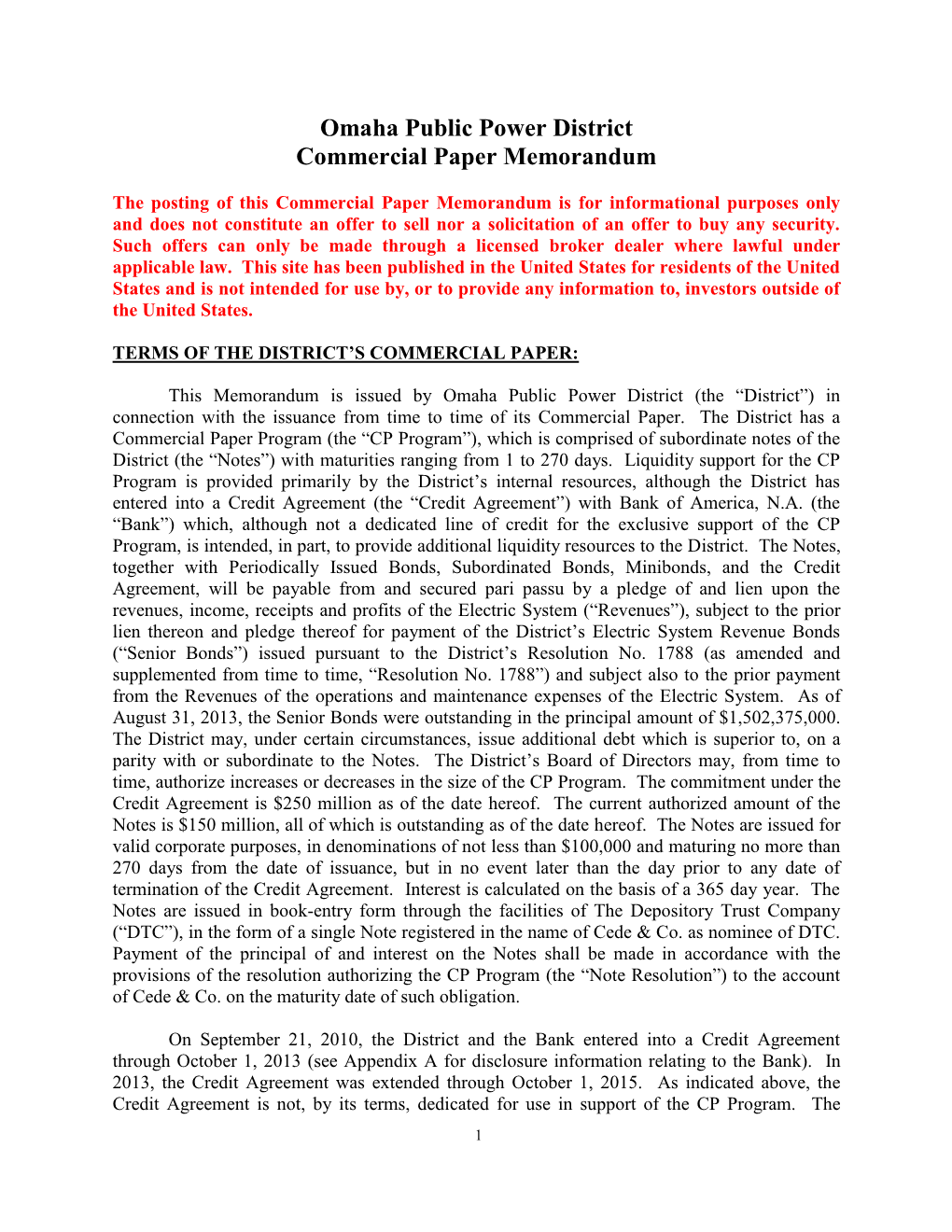 Omaha Public Power District Commercial Paper Memorandum