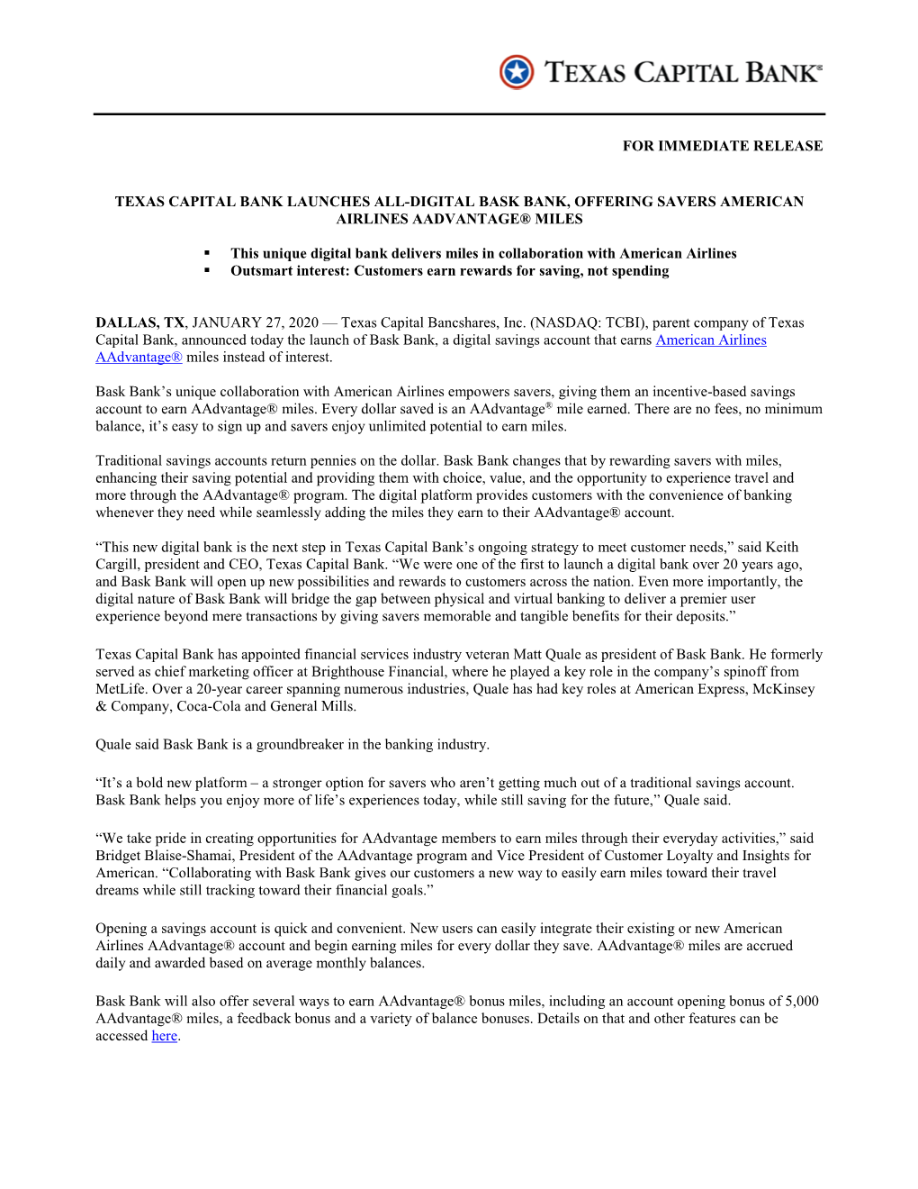 For Immediate Release Texas Capital Bank Launches