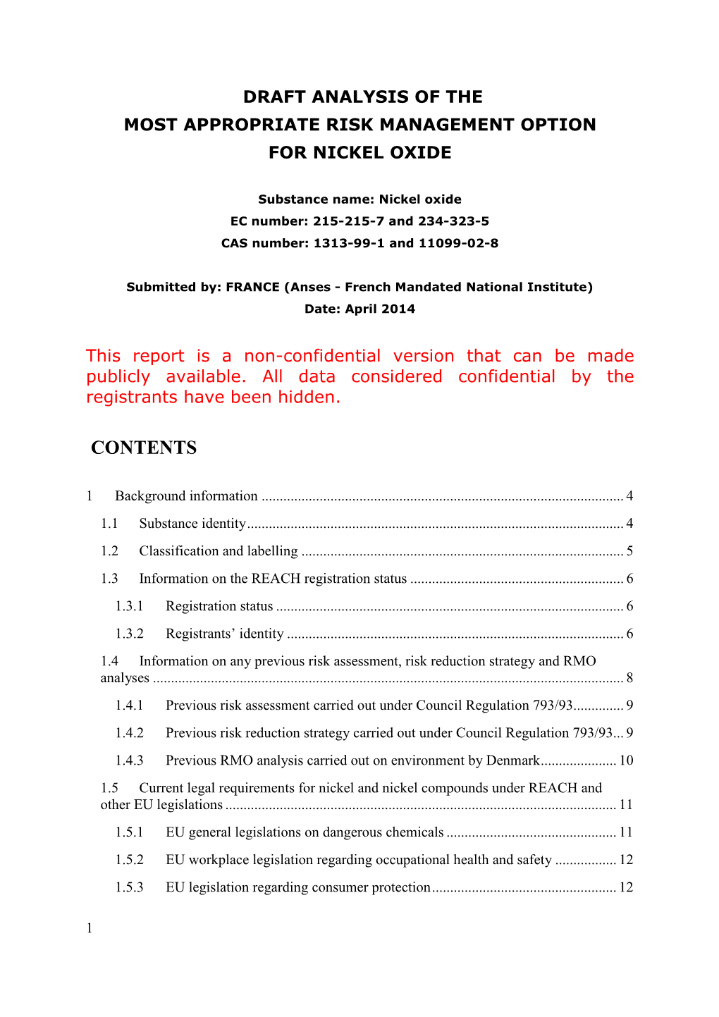 Draft Analysis of the Most Appropriate Risk Management Option for Nickel Oxide