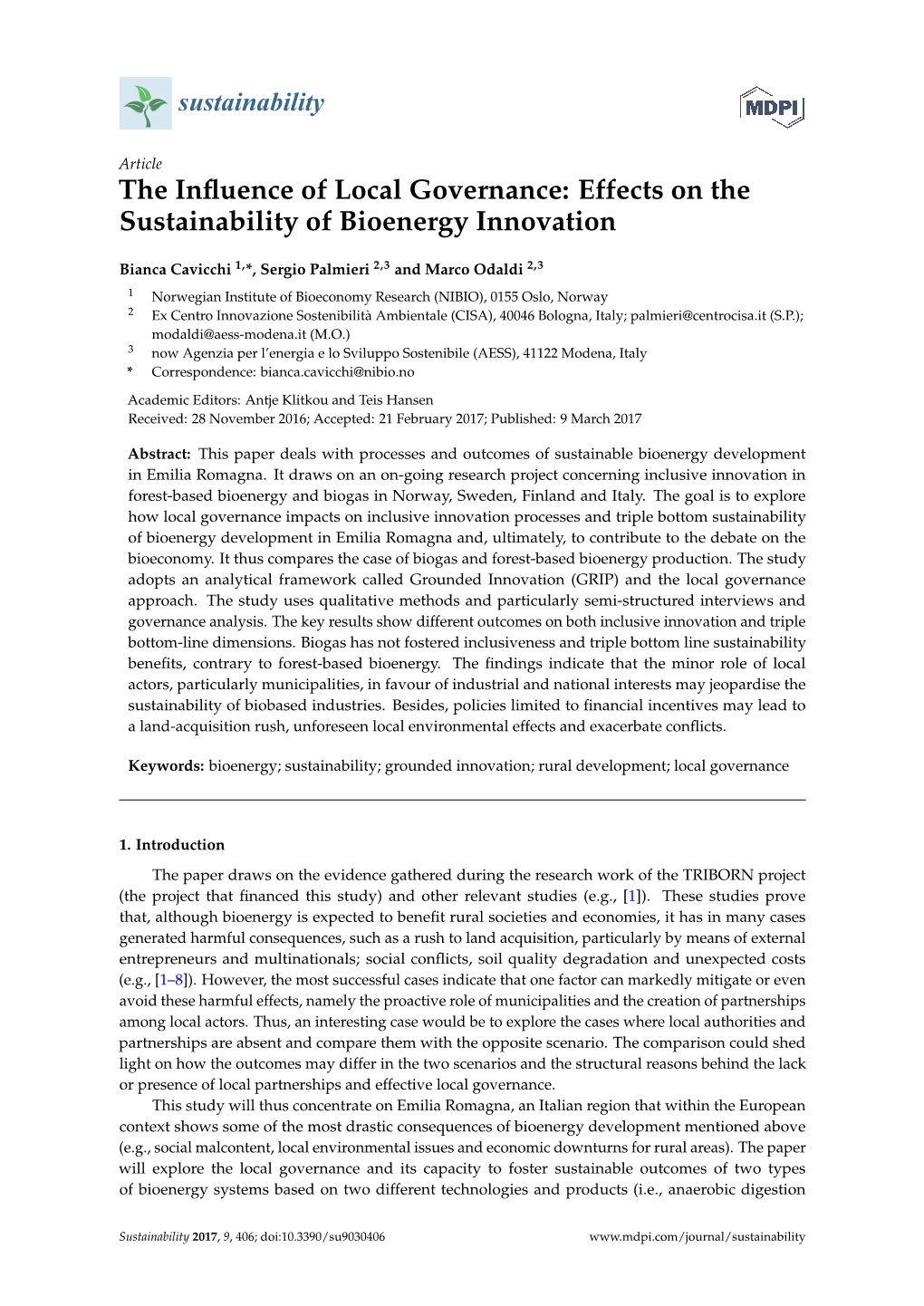 The Influence of Local Governance: Effects on the Sustainability of Bioenergy Innovation
