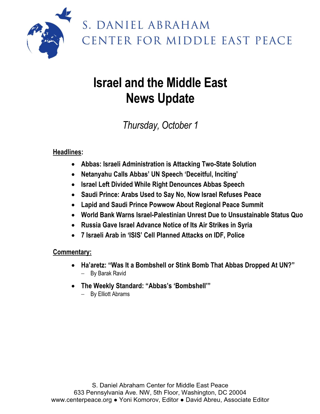 Israel and the Middle East News Update