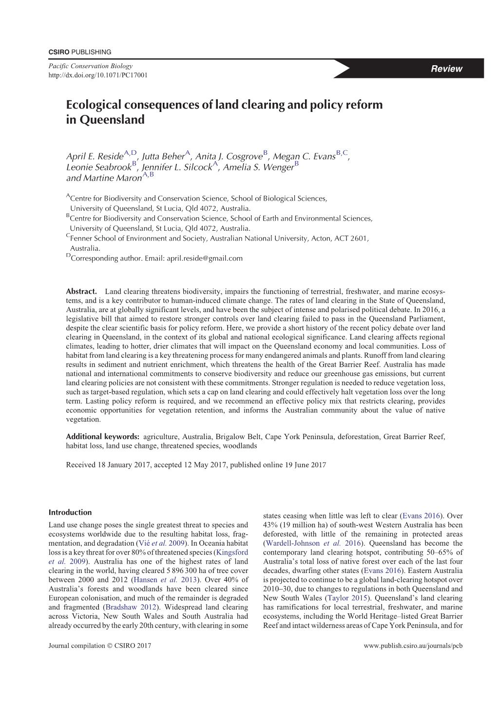 Ecological Consequences of Land Clearing and Policy Reform in Queensland