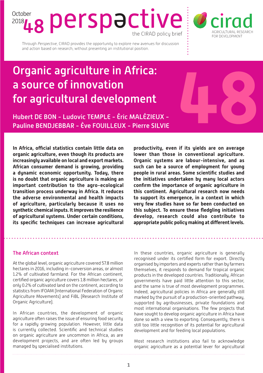 Organic Agriculture in Africa: a Source of Innovation for Agricultural Development