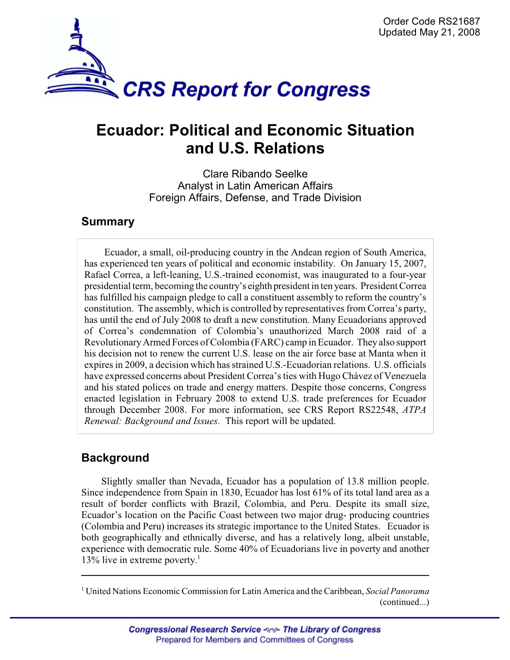 Ecuador: Political and Economic Situation and U.S