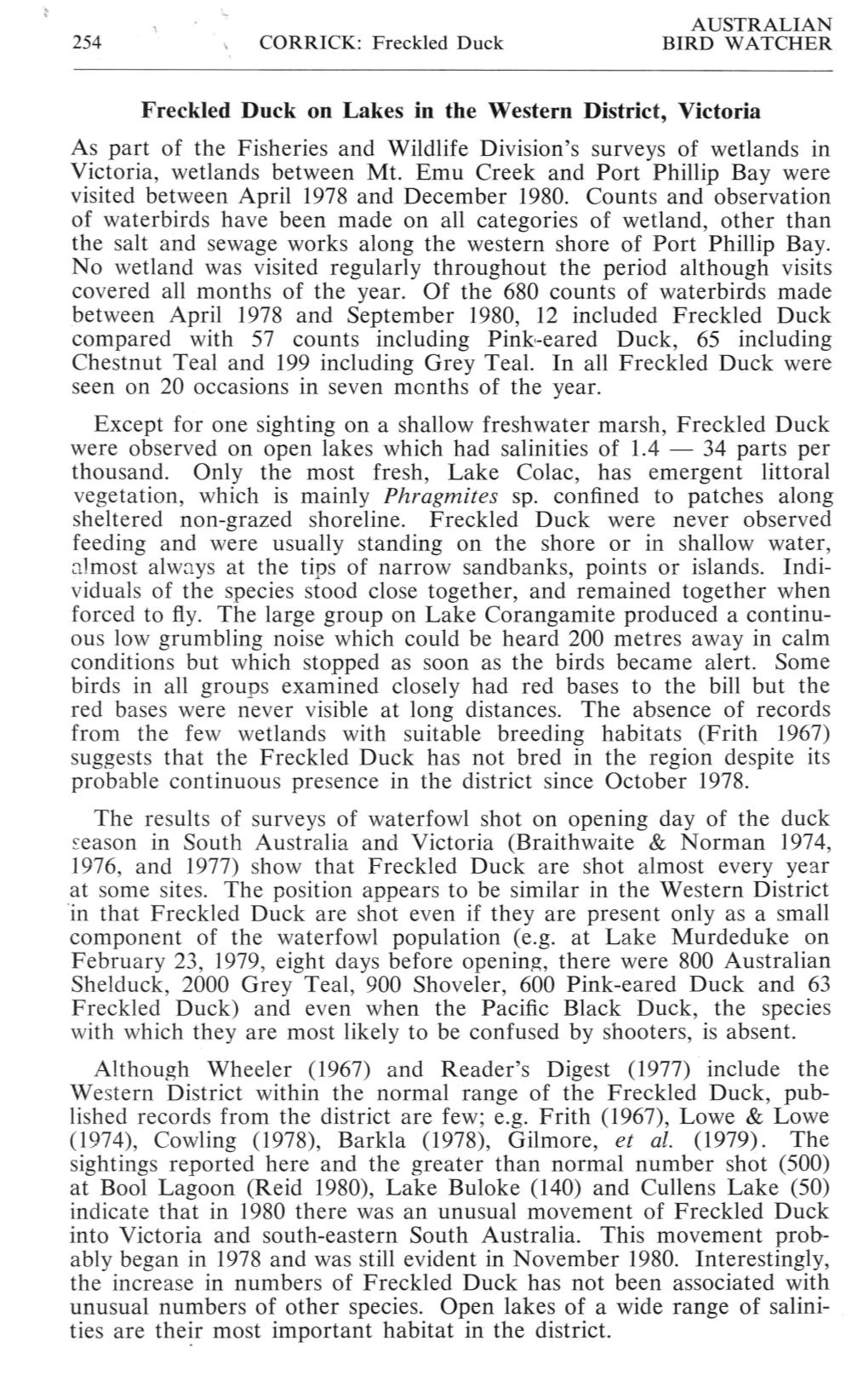 Freckled Duck on Lakes in the Western District, Victoria As Part of the Fisheries and Wildlife Division's Surveys of Wetlands in Victoria, Wetlands Between Mt