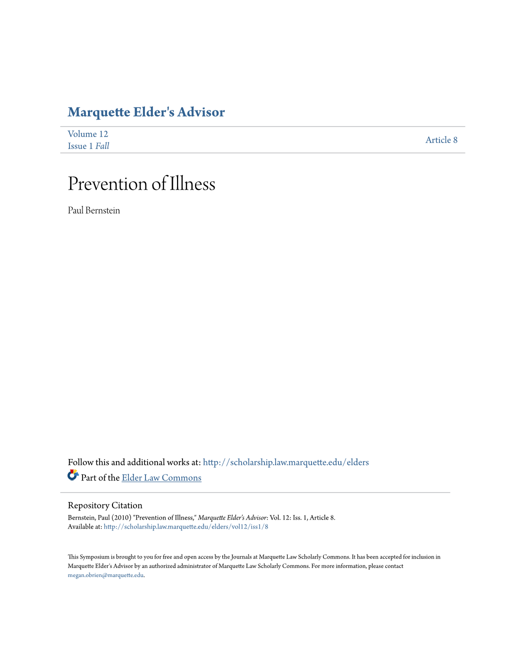 Prevention of Illness Paul Bernstein