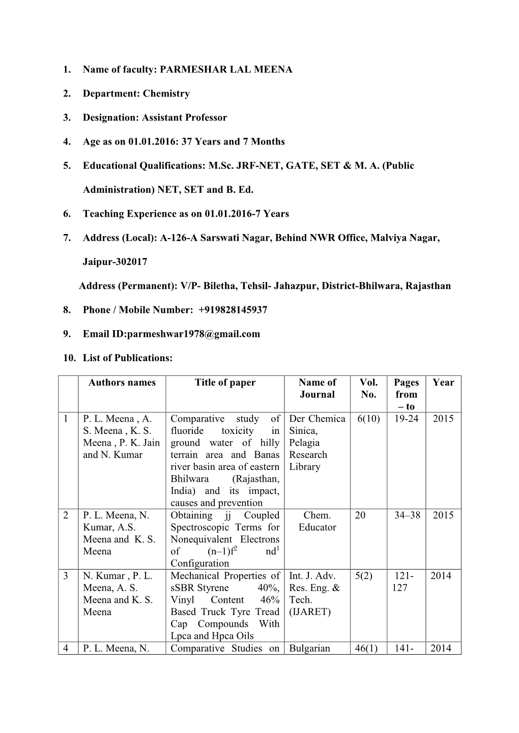 1. Name of Faculty: PARMESHAR LAL MEENA 2