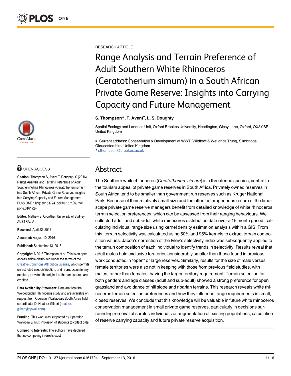 Range Analysis and Terrain Preference of Adult Southern White Rhinoceros (Ceratotherium Simum) in a South African Private Game R