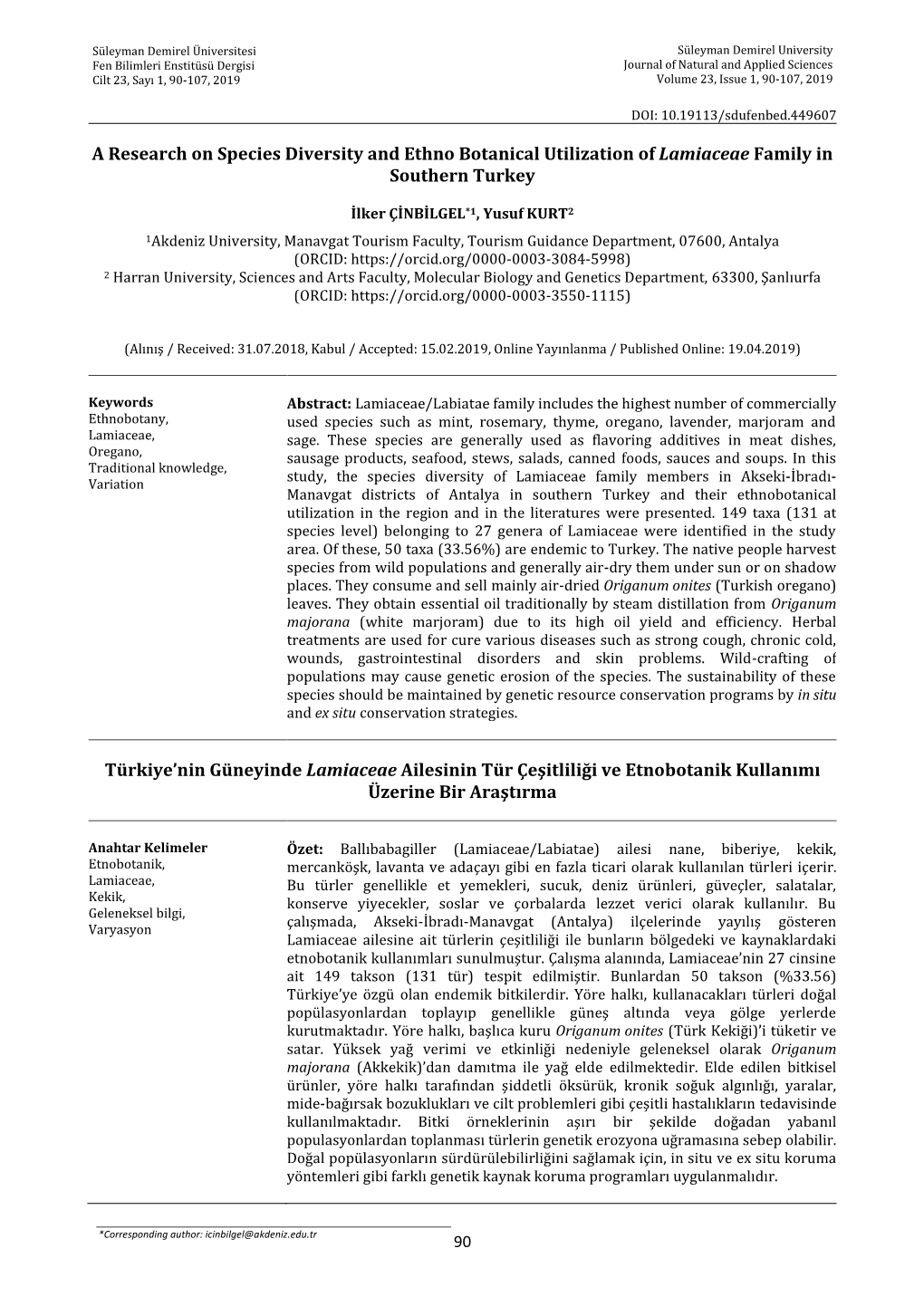 A Research on Species Diversity and Ethno Botanical Utilization of Lamiaceae Family in Southern Turkey