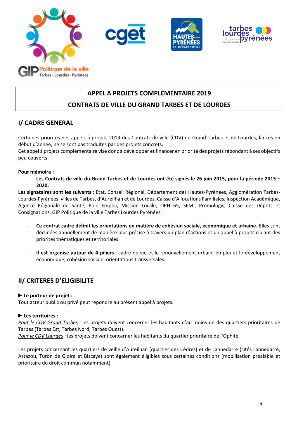 Appel a Projets Complementaire 2019 Contrats De Ville Du Grand Tarbes Et De Lourdes I