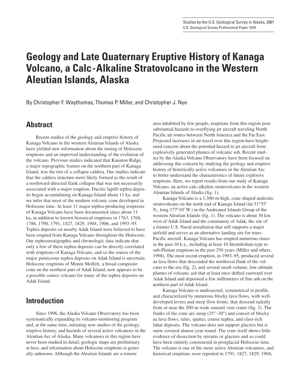 Geology and Late Quaternary Eruptive History of Kanaga Volcano, a Calc-Alkaline Stratovolcano in the Western Aleutian Islands, Alaska