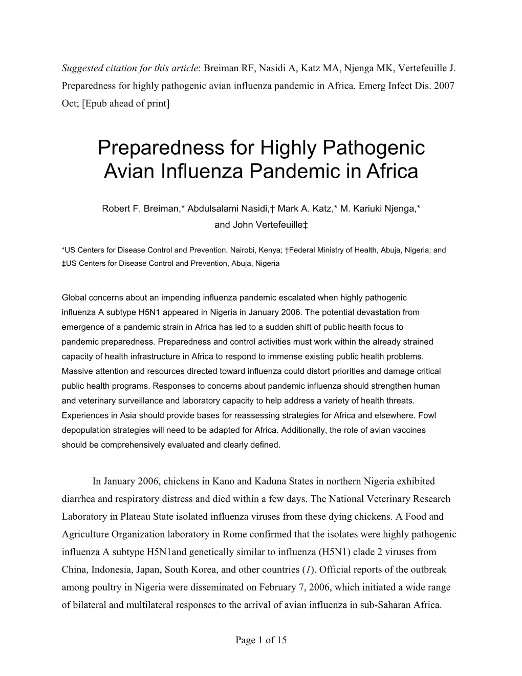 Preparedness for Highly Pathogenic Avian Influenza Pandemic in Africa