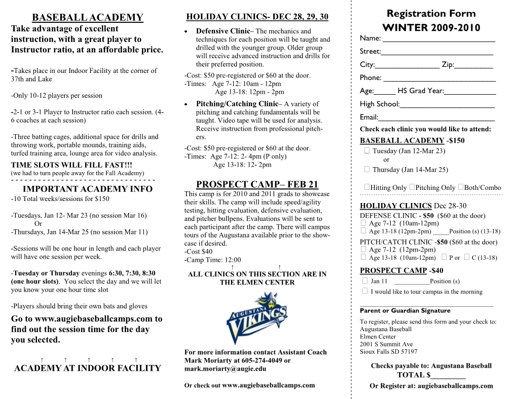 BASEBALL ACADEMY Registration Form WINTER 2009-2010