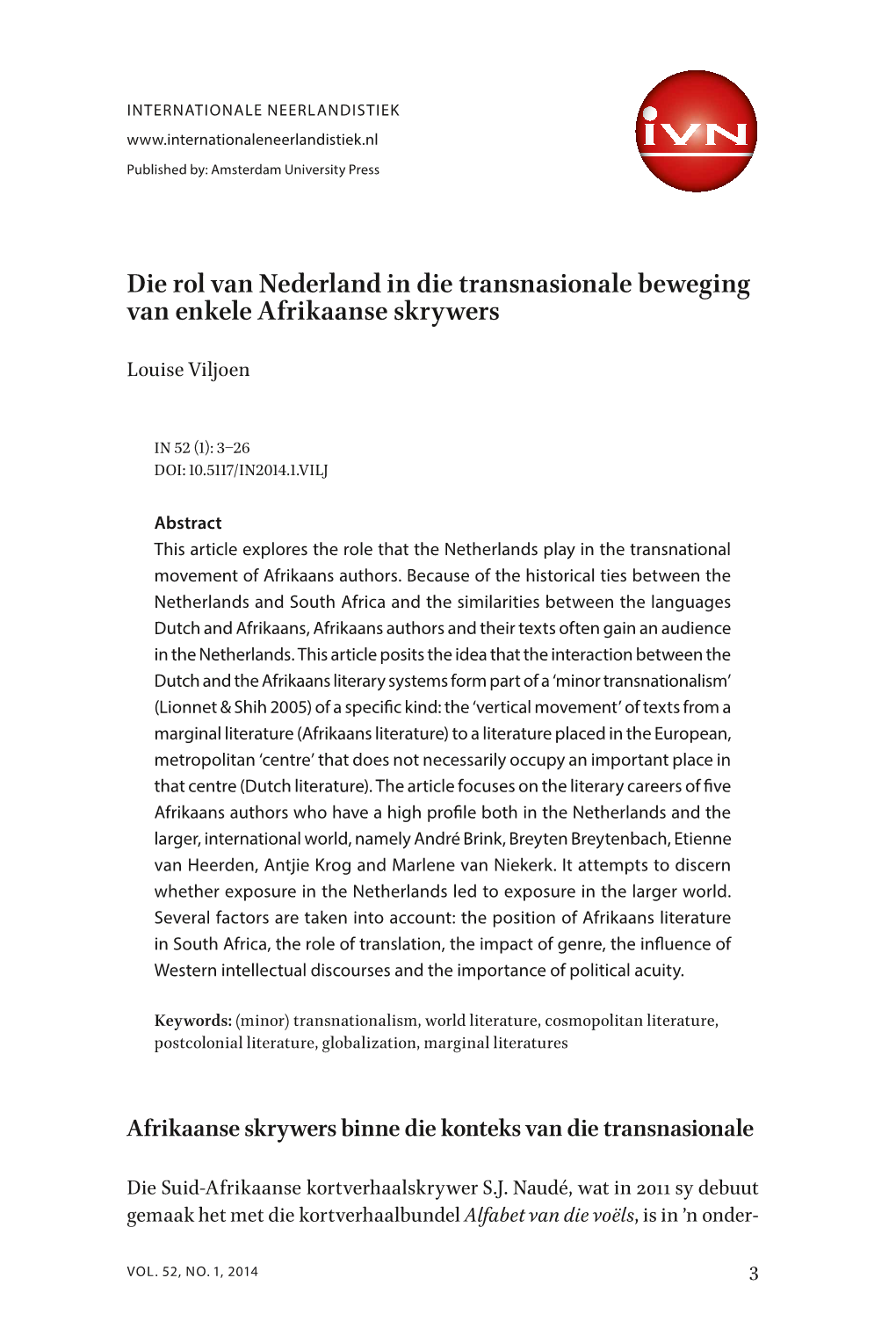 Die Rol Van Nederland in Die Transnasionale Beweging Van Enkele Afrikaanse Skrywers