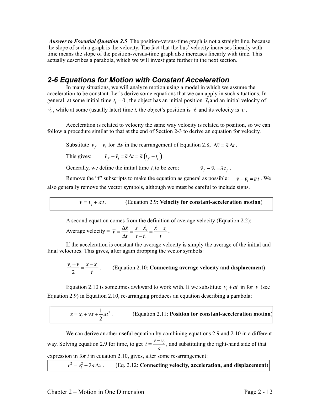 Section 2-6: Equations for Motion with Constant Acceleration