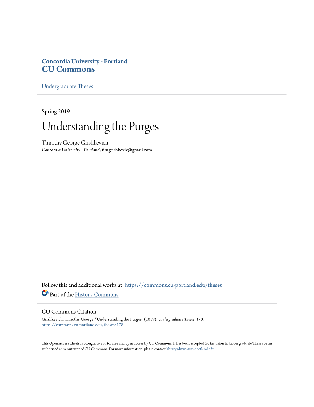 Understanding the Purges Timothy George Grishkevich Concordia University - Portland, Timgrishkevic@Gmail.Com