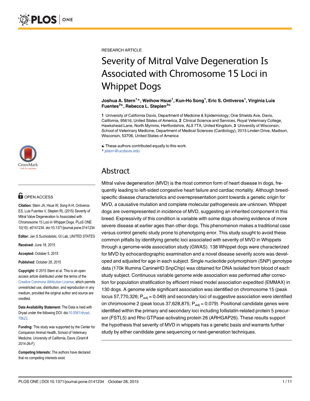 Severity of Mitral Valve Degeneration Is Associated with Chromosome 15 Loci in Whippet Dogs