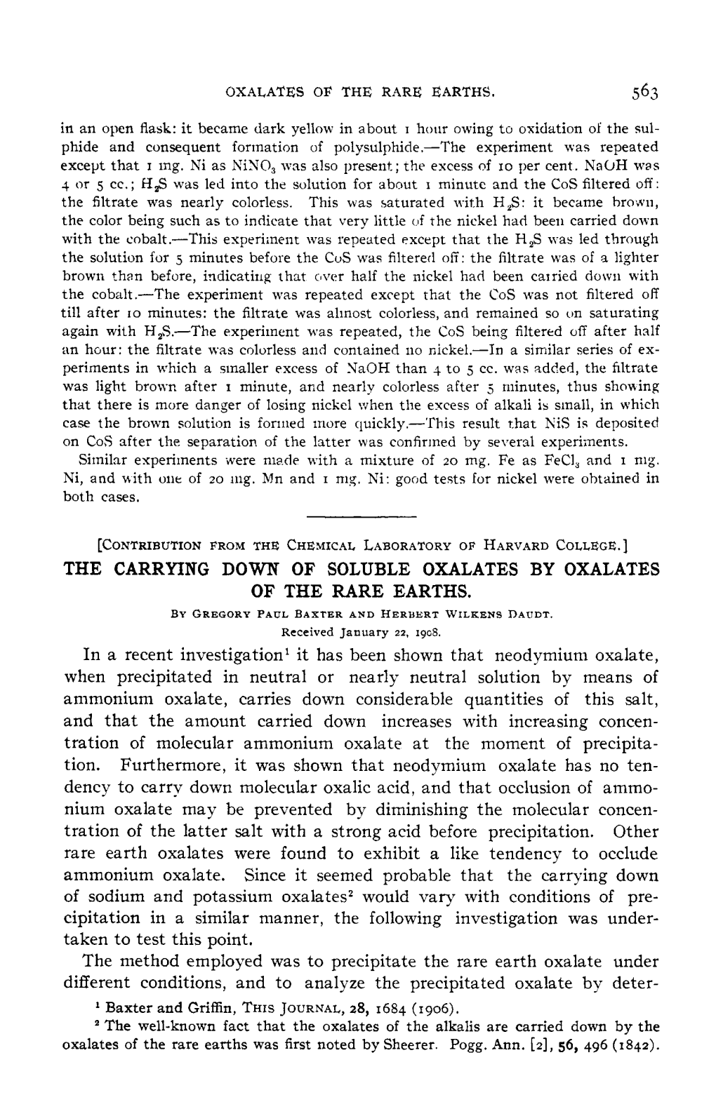 The Carrying Down of Soluble Oxalates by Oxalates of the Rare Earths