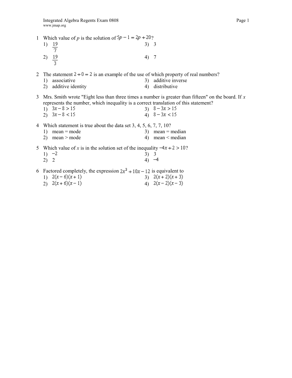 August 2008 Integrated Algebra Regents Exam s1