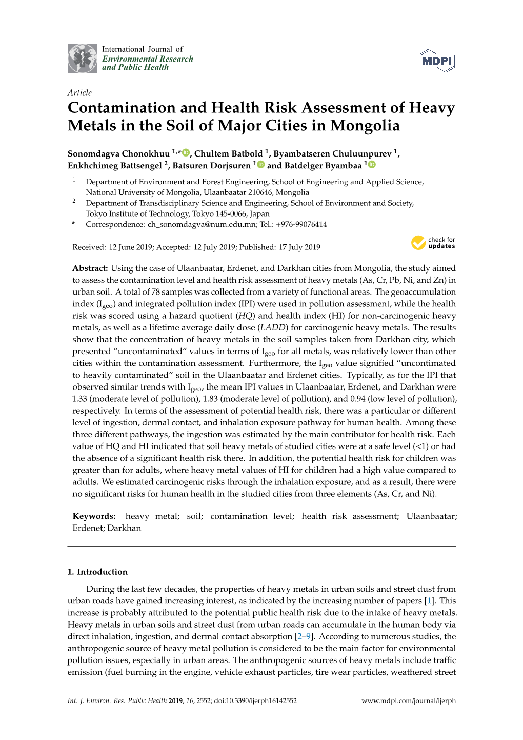 Contamination and Health Risk Assessment of Heavy Metals in the Soil of Major Cities in Mongolia