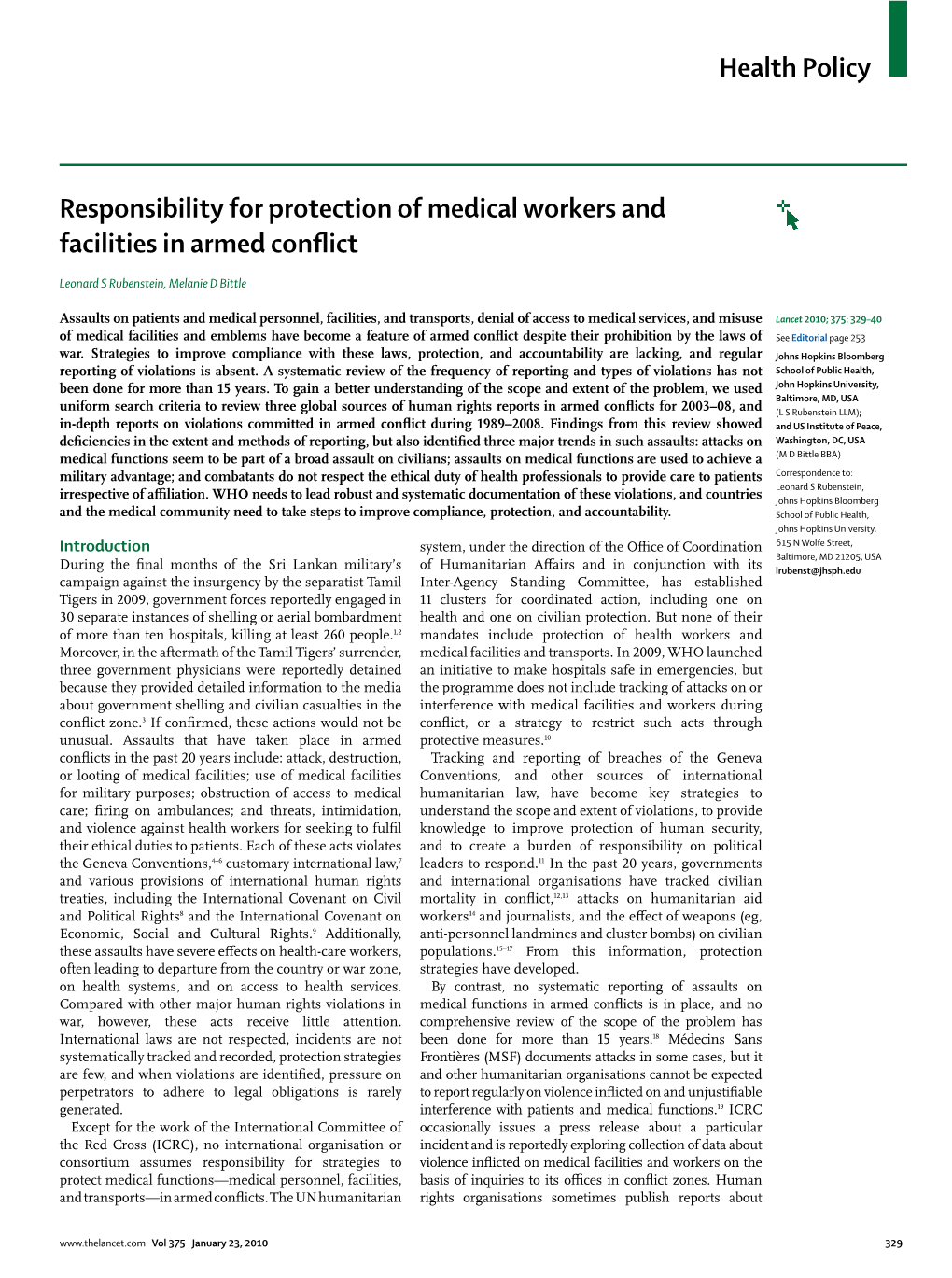 Responsibility for Protection of Medical Workers and Facilities in Armed Conﬂ Ict