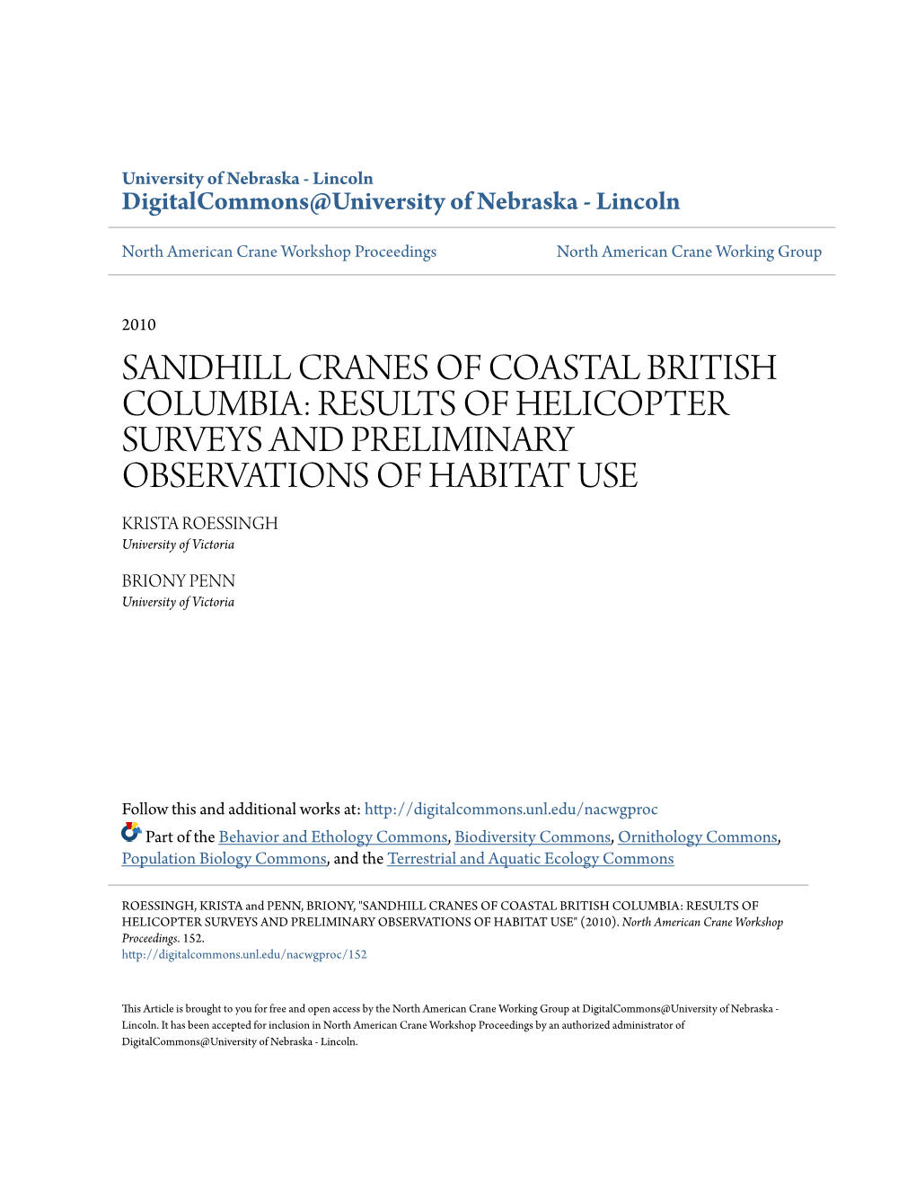 Sandhill Cranes of Coastal British Columbia: Results of Helicopter Surveys and Preliminary Observations of Habitat Use" (2010)