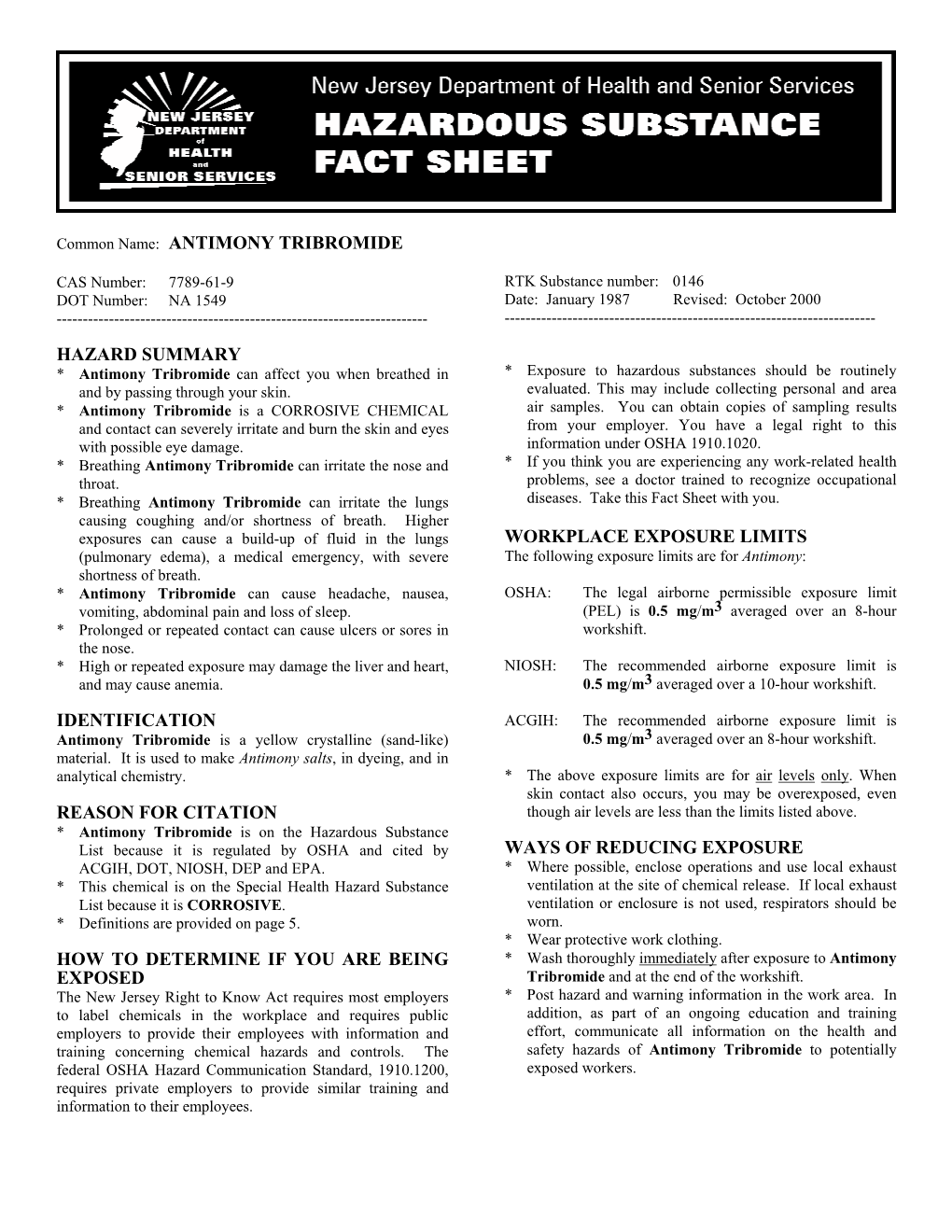 Antimony Tribromide Hazard Summary Identification