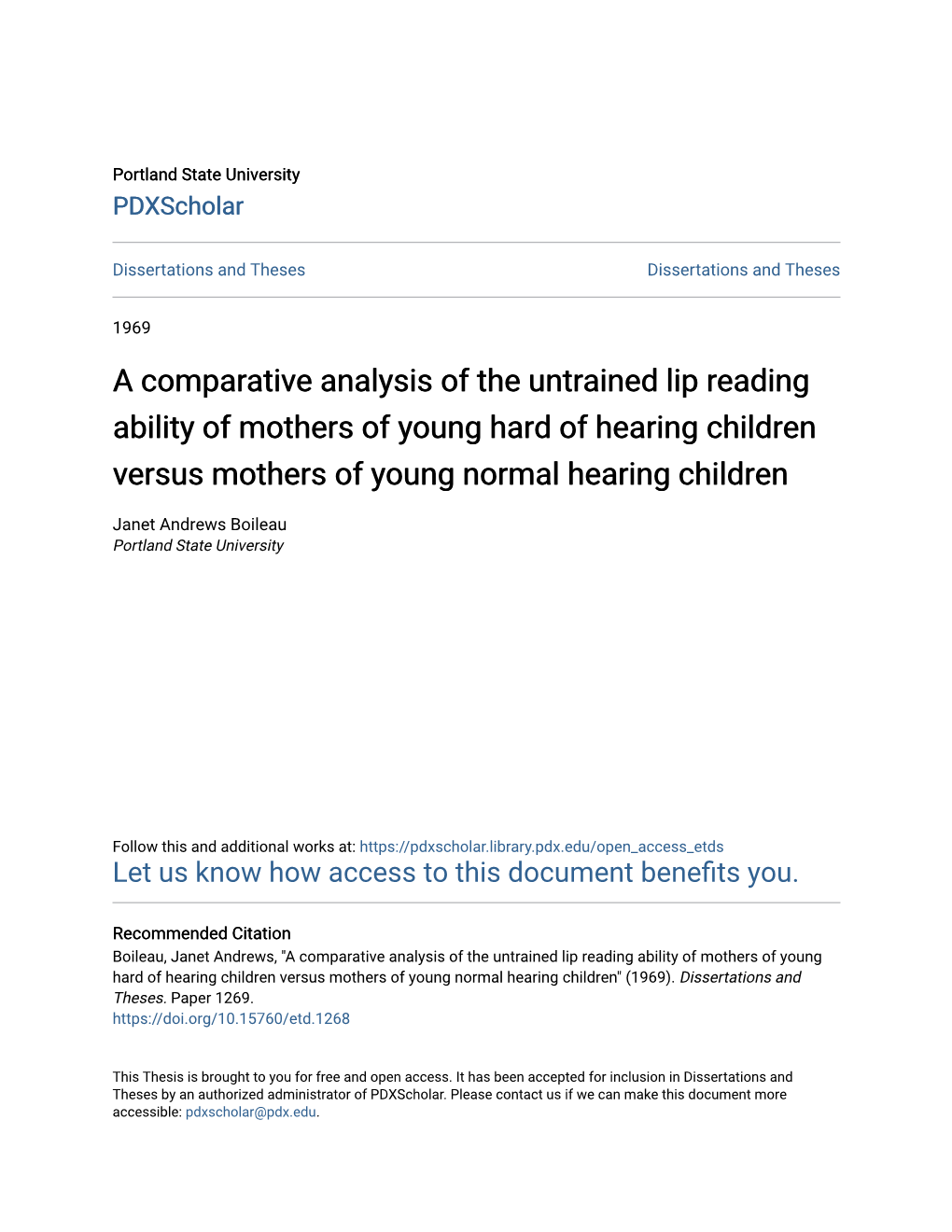 A Comparative Analysis of the Untrained Lip Reading Ability of Mothers of Young Hard of Hearing Children Versus Mothers of Young Normal Hearing Children