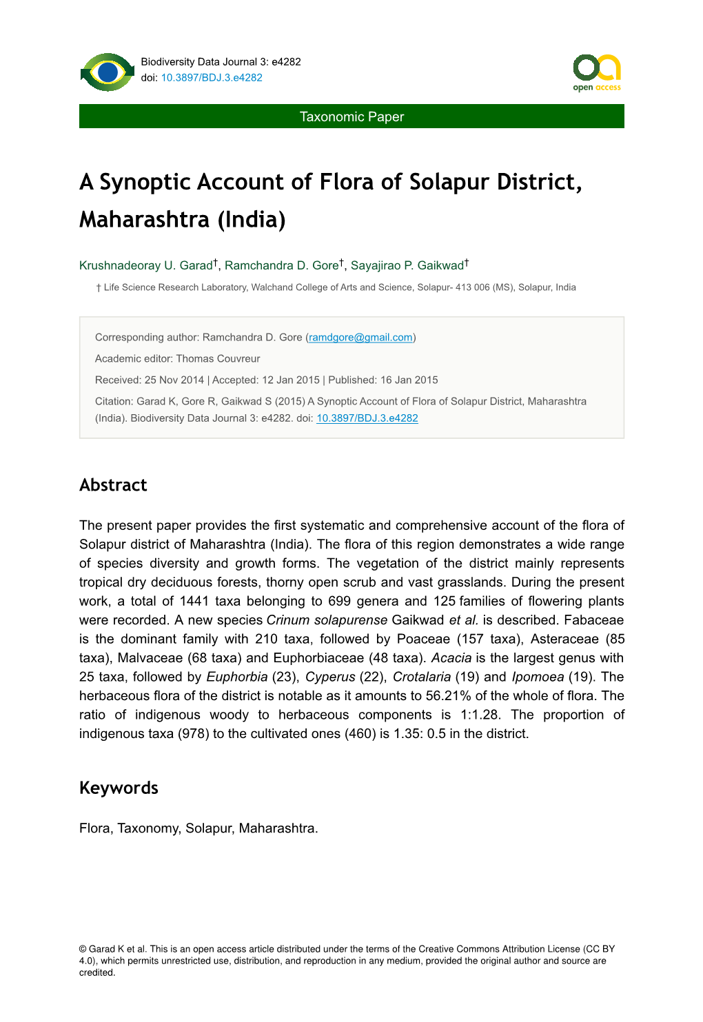 A Synoptic Account of Flora of Solapur District, Maharashtra (India)