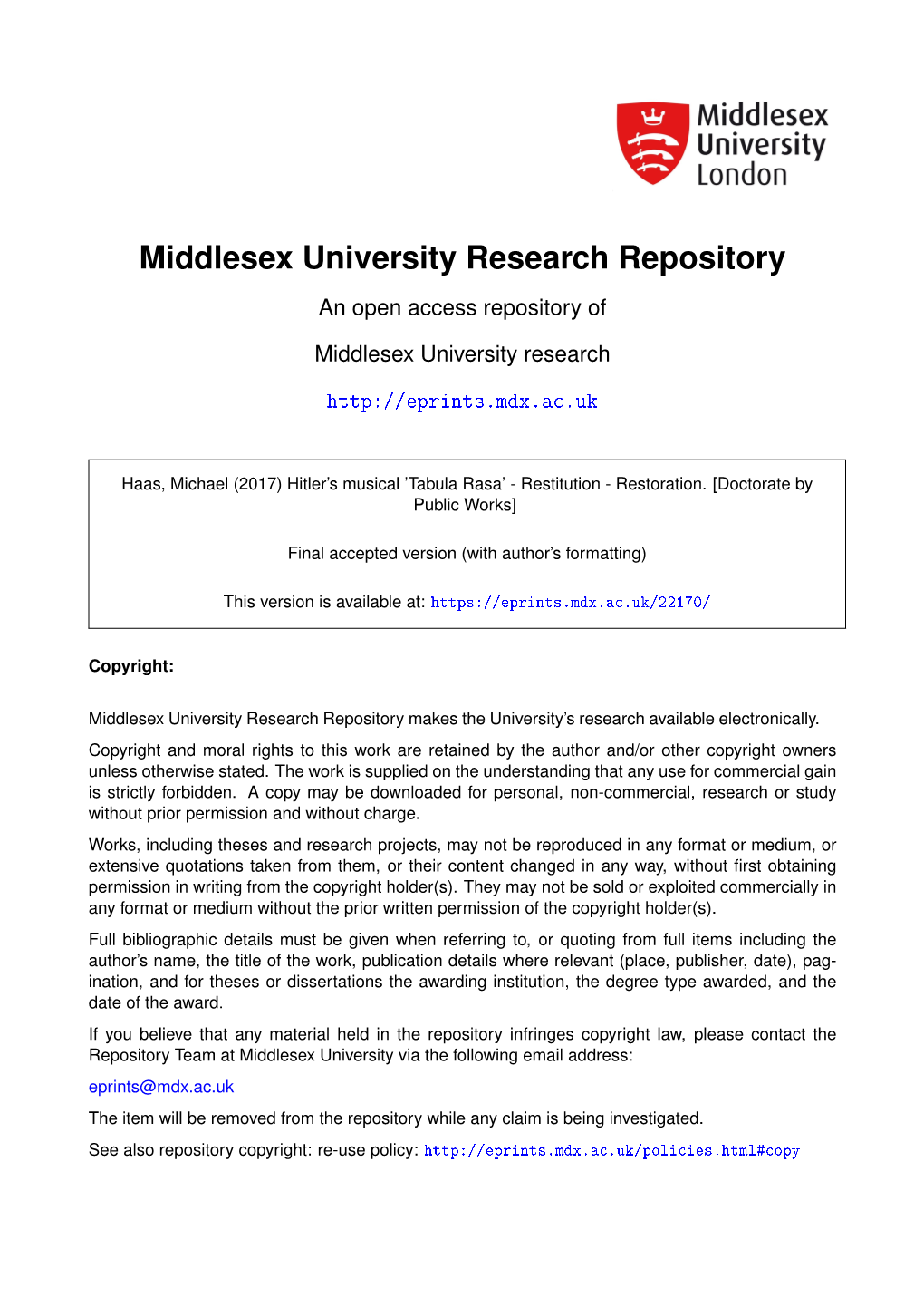 Middlesex University Research Repository an Open Access Repository Of