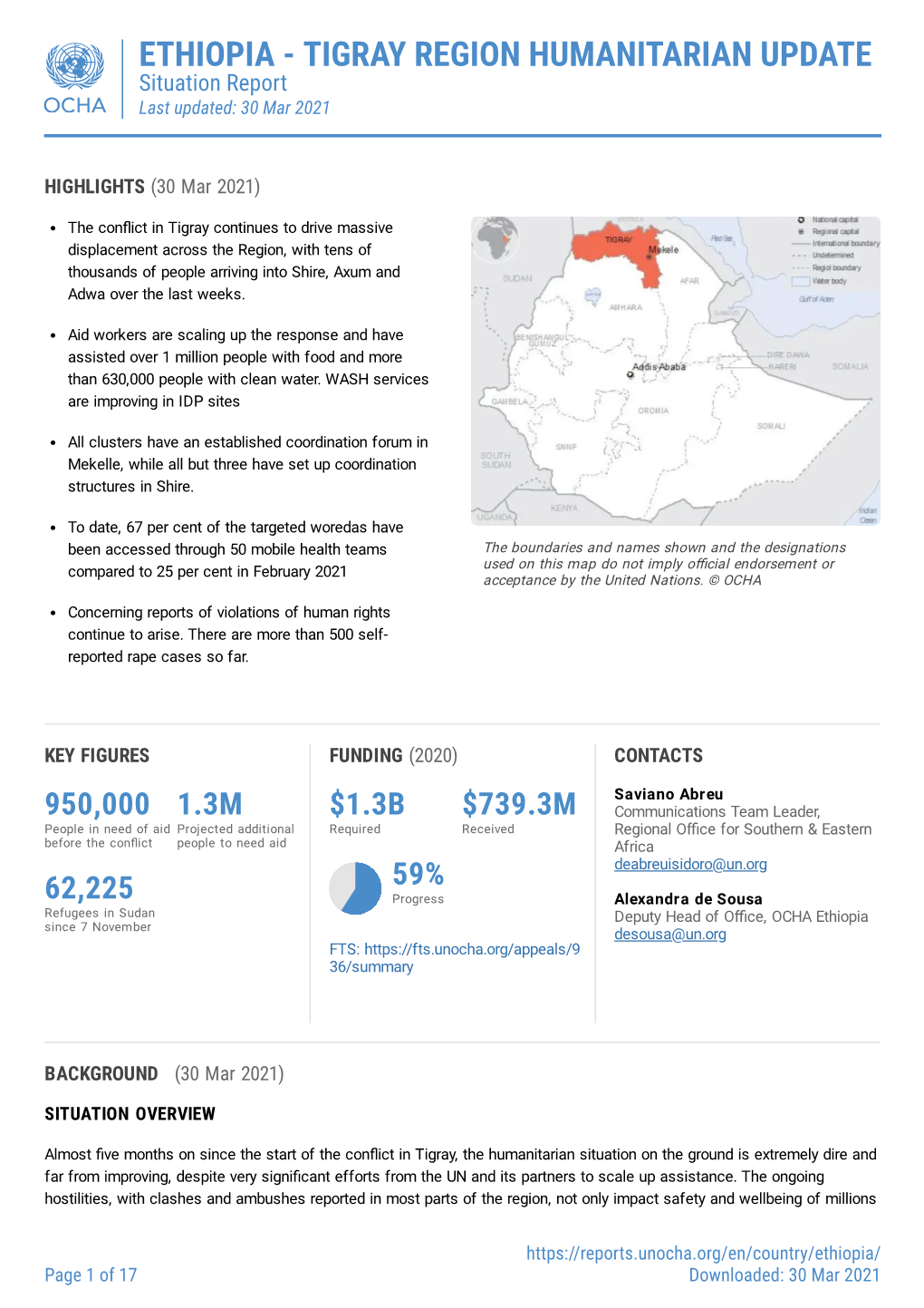 ETHIOPIA - TIGRAY REGION HUMANITARIAN UPDATE Situation Report Last Updated: 30 Mar 2021