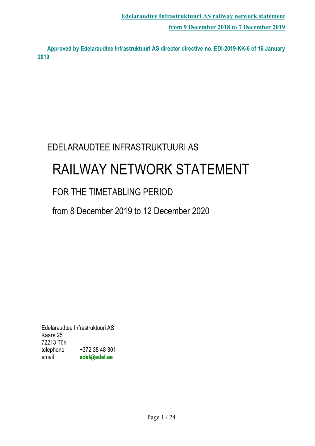 Railway Network Statement from 9 December 2018 to 7 December 2019