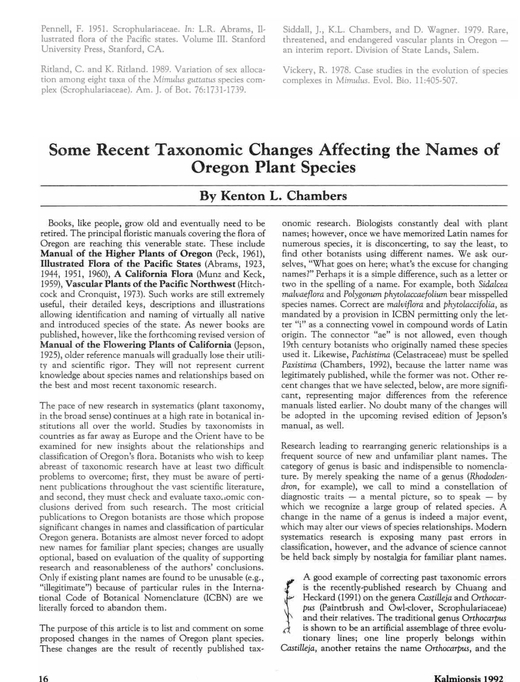 Some Recent Taxonomic Changes Affecting the Names of Oregon Plant Species by Kenton L